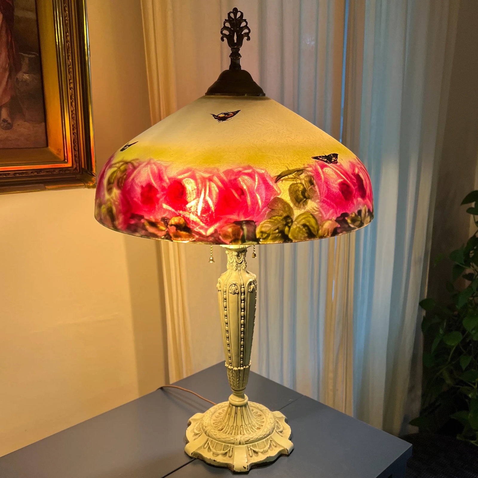 Antique Reverse Painted Lamp Featuring Cabbage Roses, Fully Restored & Rewired - 2