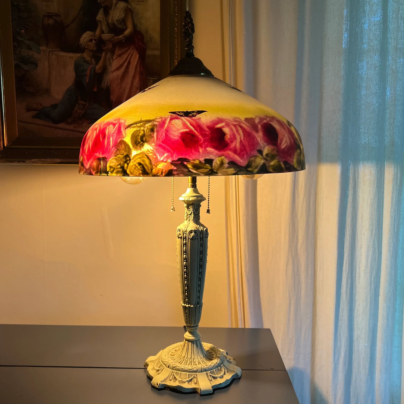 Antique Reverse Painted Lamp Featuring Cabbage Roses, Fully Restored & Rewired - 3