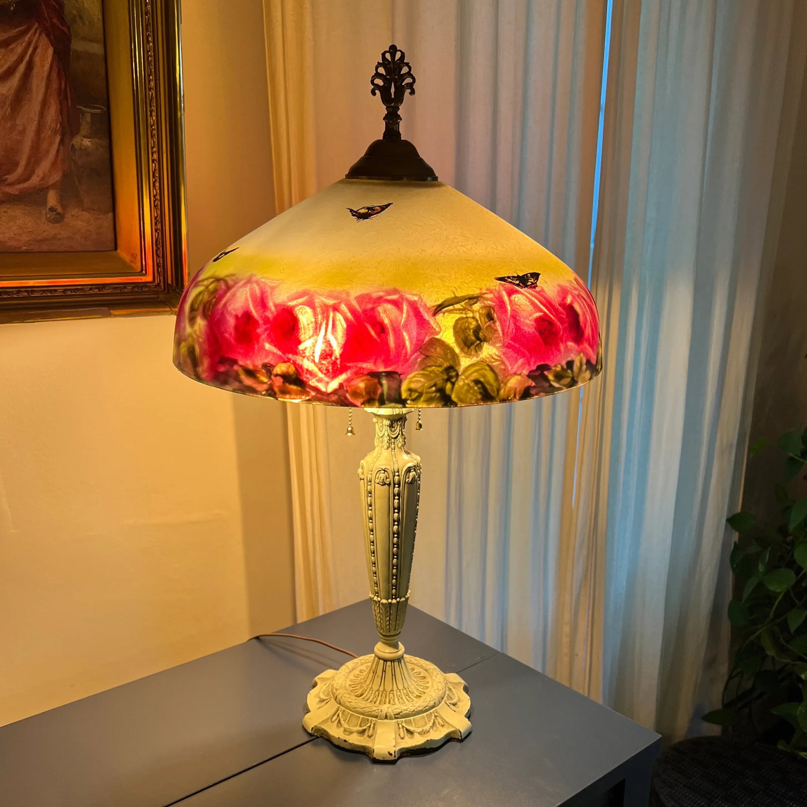 Antique Reverse Painted Lamp Featuring Cabbage Roses, Fully Restored & Rewired - 4