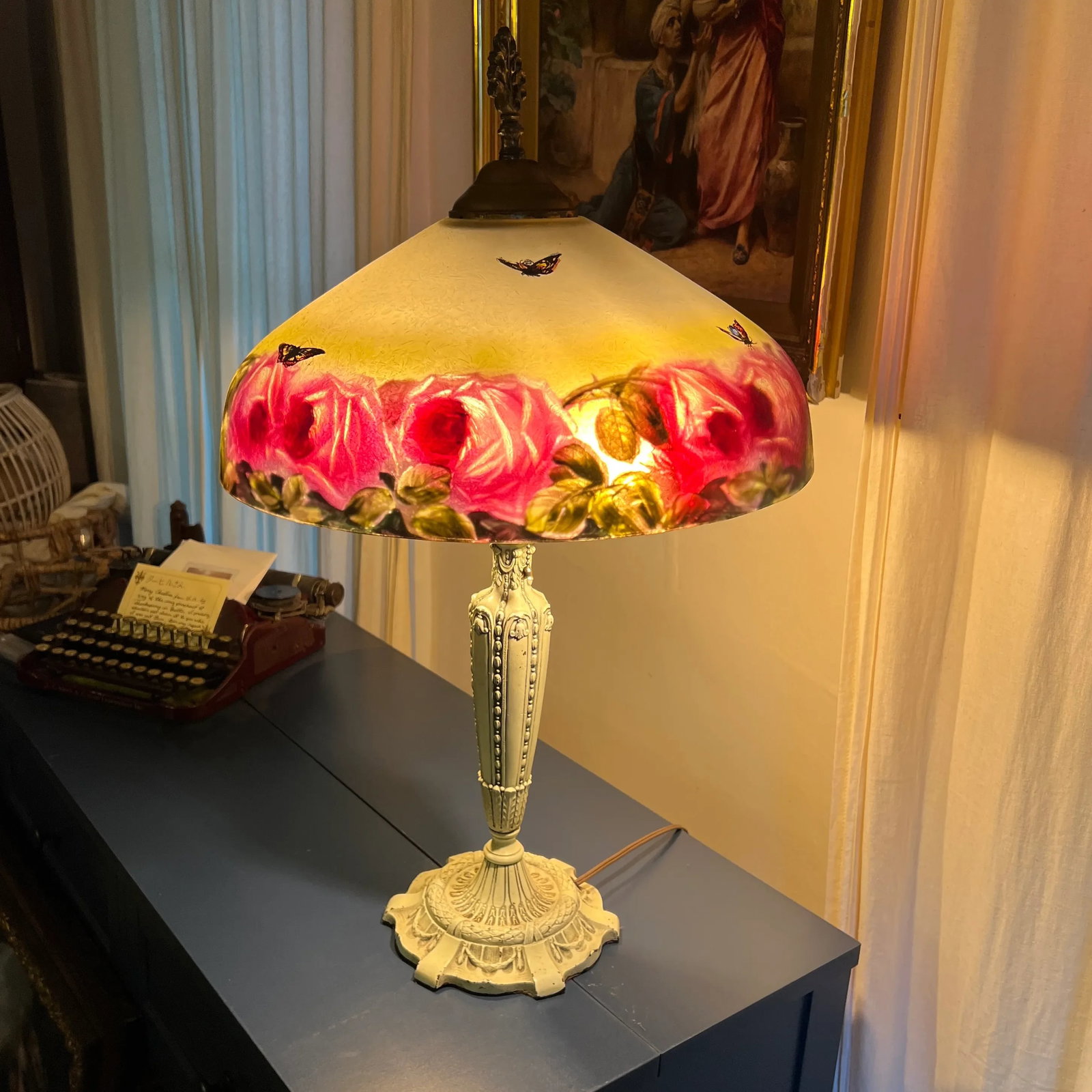 Antique Reverse Painted Lamp Featuring Cabbage Roses, Fully Restored & Rewired - 6