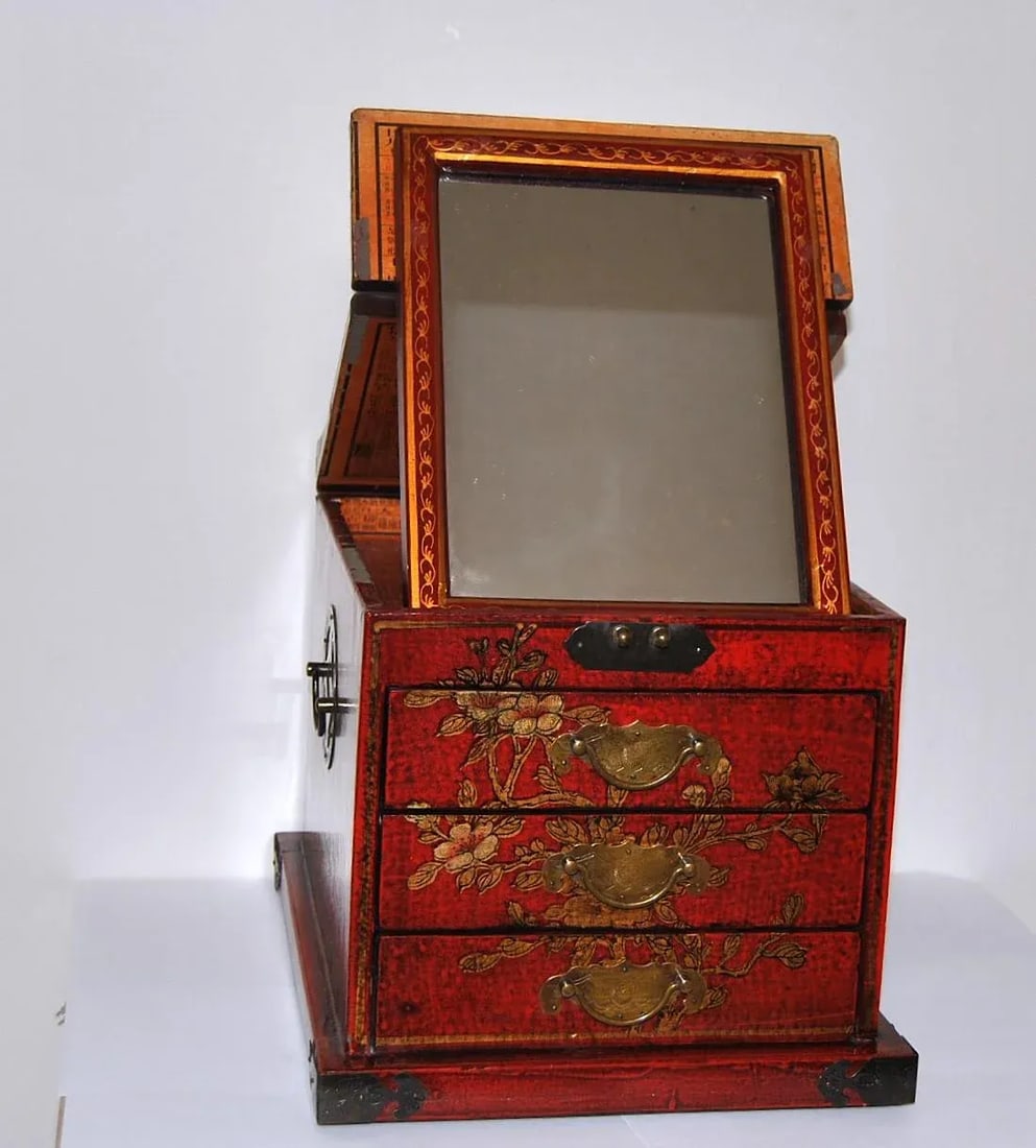 Inscribed Red Laquer Metal Mounted Wooden Vanity Box Case Chest With Mirror and Drawers - 10