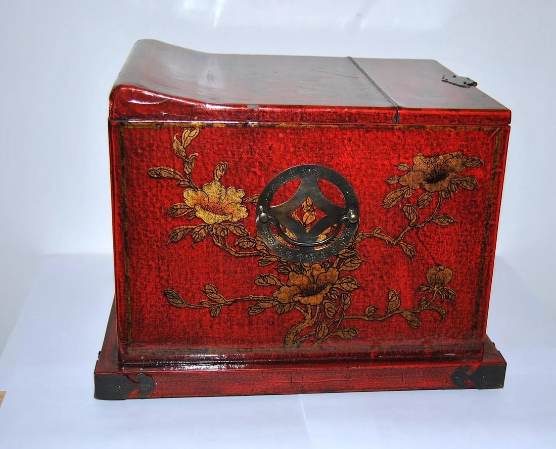 Inscribed Red Laquer Metal Mounted Wooden Vanity Box Case Chest With Mirror and Drawers - 11