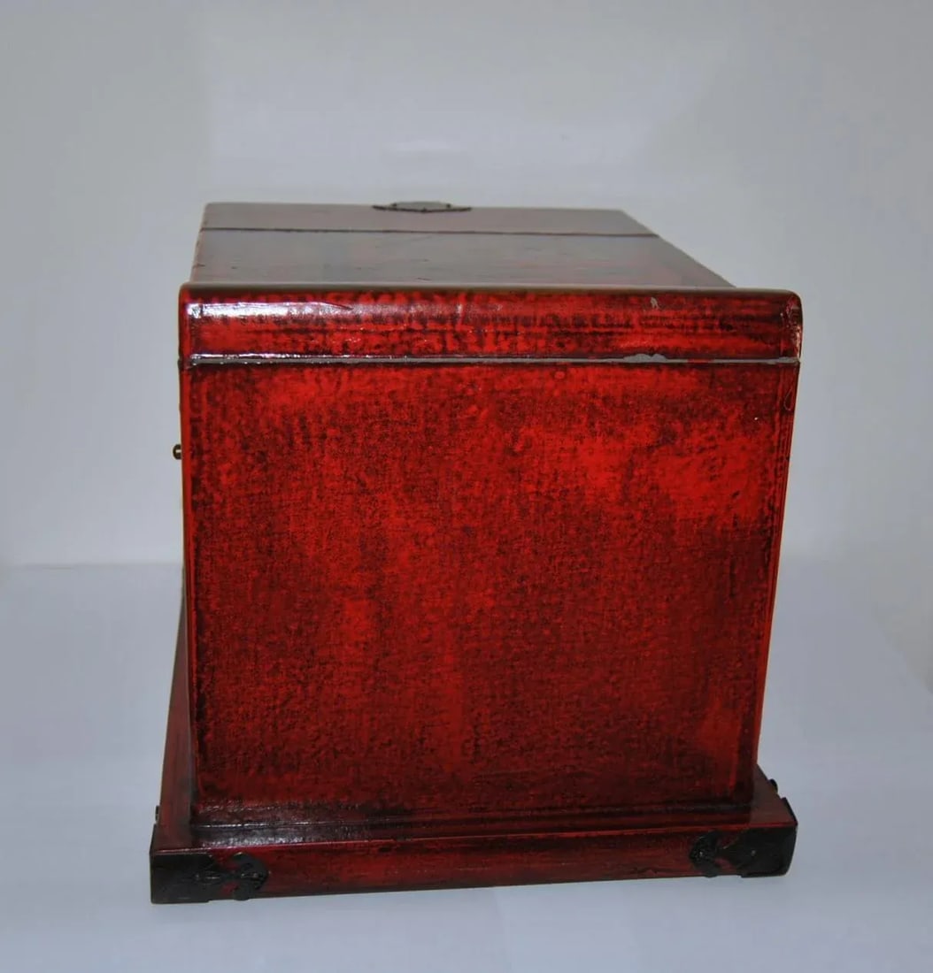 Inscribed Red Laquer Metal Mounted Wooden Vanity Box Case Chest With Mirror and Drawers - 12