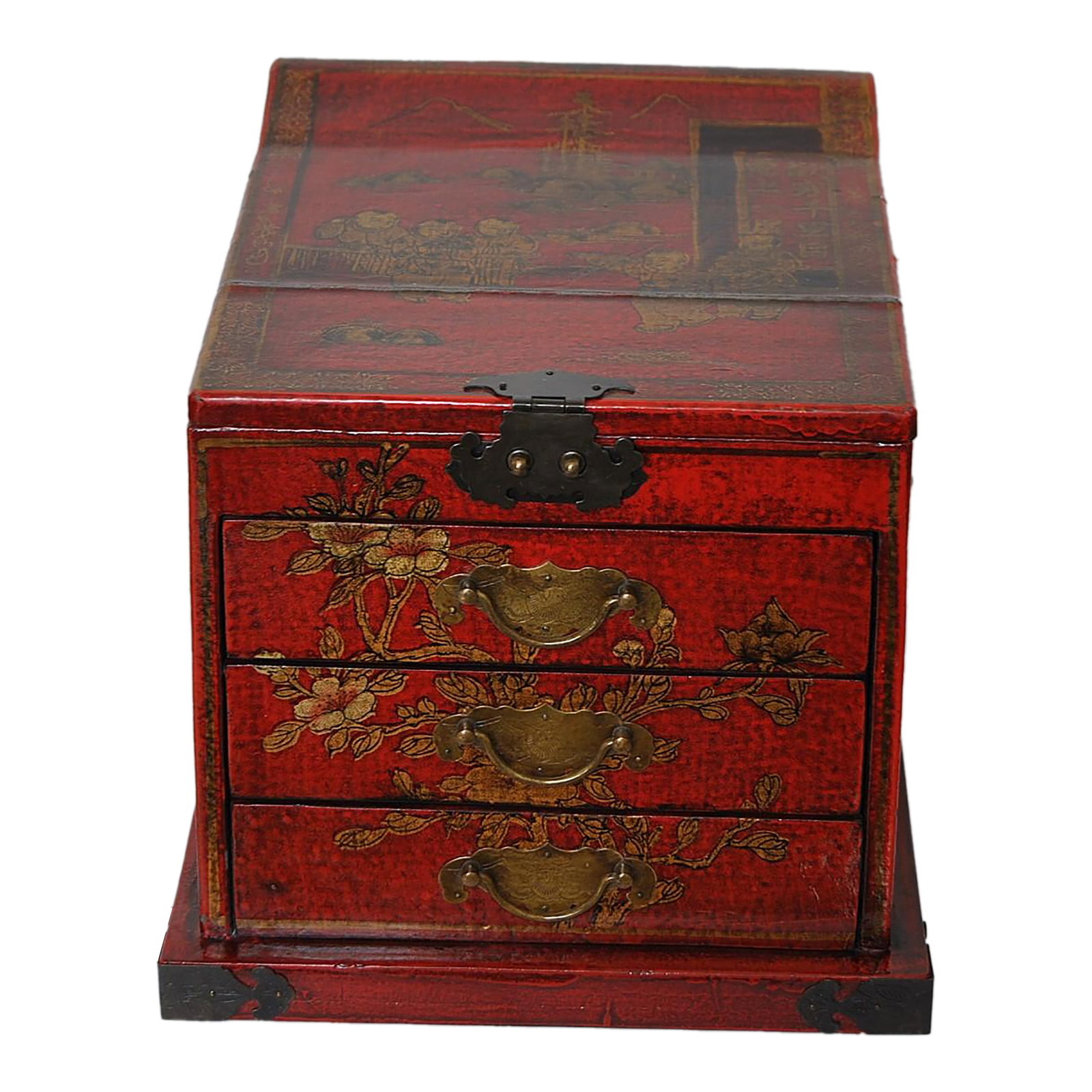 Inscribed Red Laquer Metal Mounted Wooden Vanity Box Case Chest With Mirror and Drawers: An extremely rare and unusual 1920s red lacquer, inscribed cosmetic chest box, intricately gilt-decorated with Tang dynasty child playing , peonies, auspicious symbols and poetry. The cover lifting