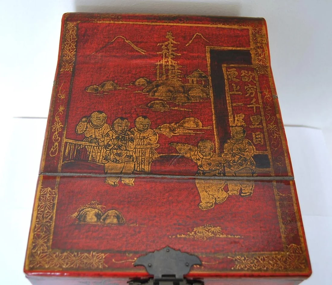 Inscribed Red Laquer Metal Mounted Wooden Vanity Box Case Chest With Mirror and Drawers - 2