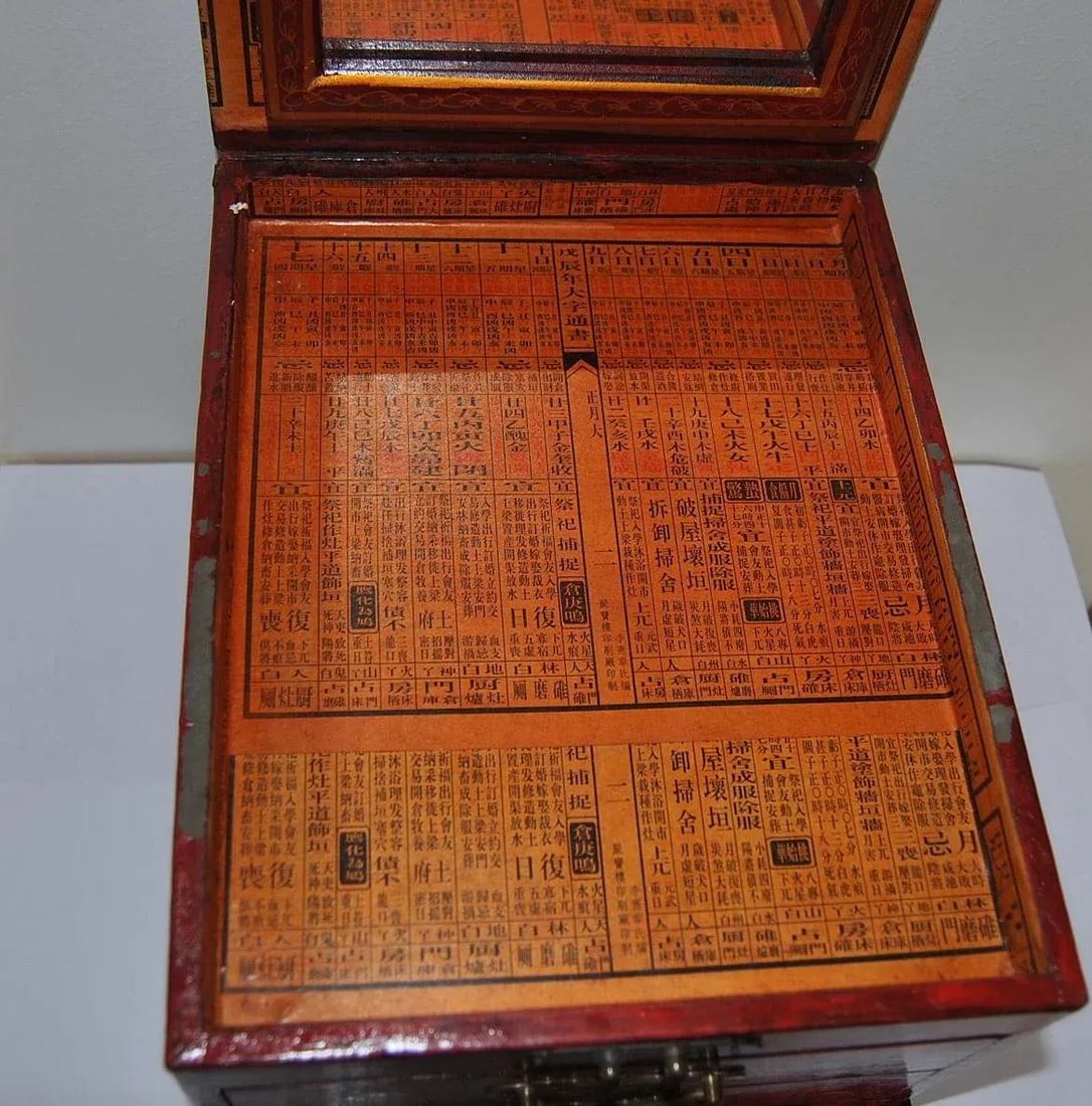 Inscribed Red Laquer Metal Mounted Wooden Vanity Box Case Chest With Mirror and Drawers - 3
