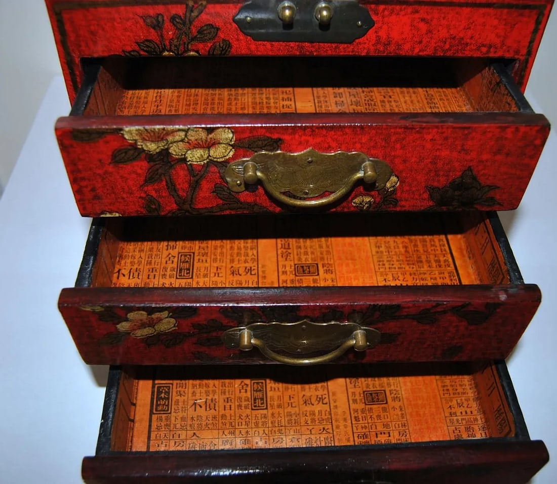 Inscribed Red Laquer Metal Mounted Wooden Vanity Box Case Chest With Mirror and Drawers - 4