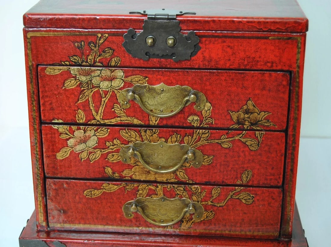 Inscribed Red Laquer Metal Mounted Wooden Vanity Box Case Chest With Mirror and Drawers - 5