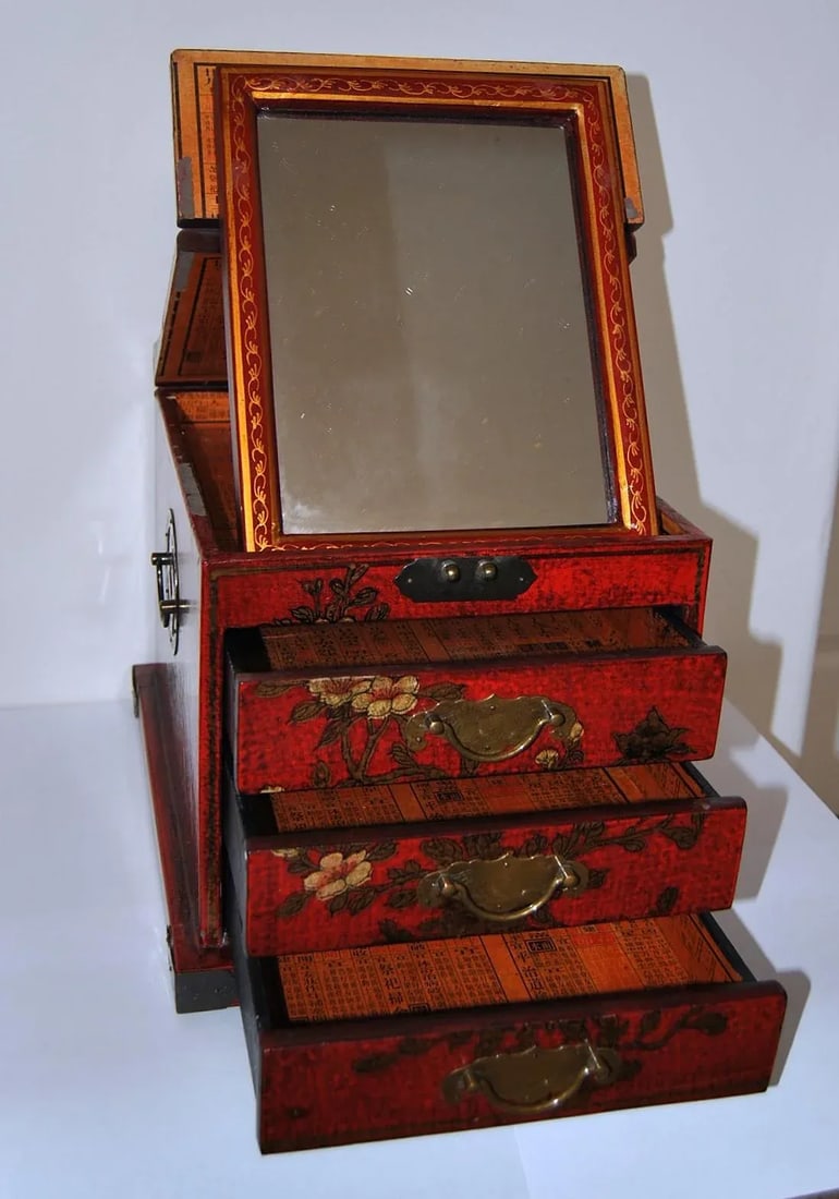 Inscribed Red Laquer Metal Mounted Wooden Vanity Box Case Chest With Mirror and Drawers - 6