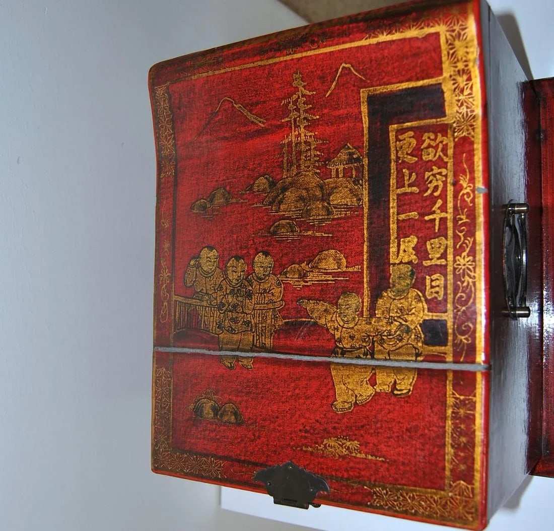 Inscribed Red Laquer Metal Mounted Wooden Vanity Box Case Chest With Mirror and Drawers - 8