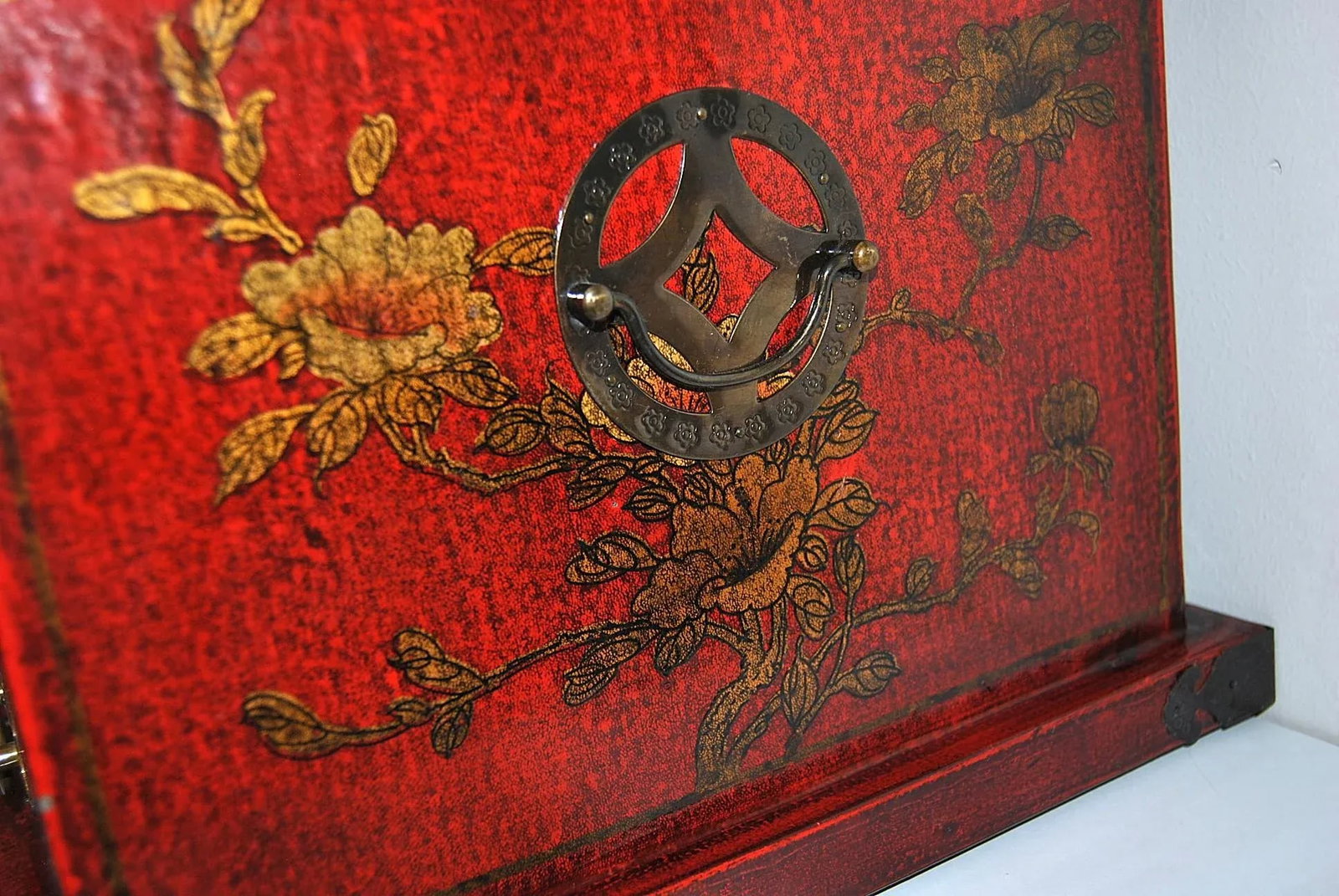 Inscribed Red Laquer Metal Mounted Wooden Vanity Box Case Chest With Mirror and Drawers - 9