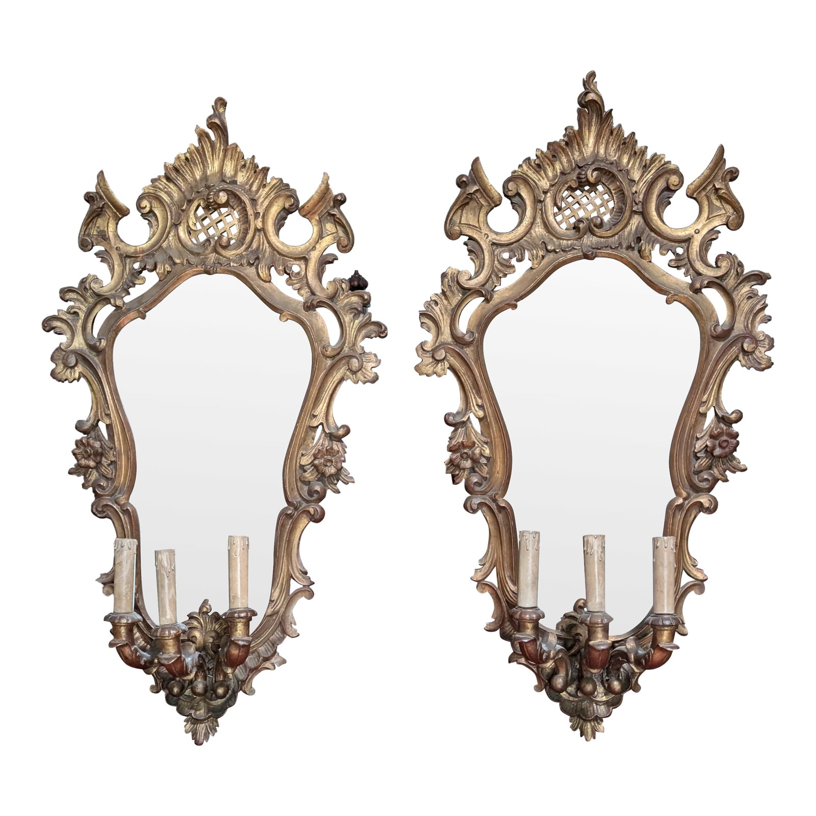 Antique Italian Scones With Mirror - Set of 2: Beautiful Antique Italian mirror scones in carved wood Perfect for adding a warm romantic glow and a hint of European history to your home decor Condition: Alterations: Original Condition Unaltered