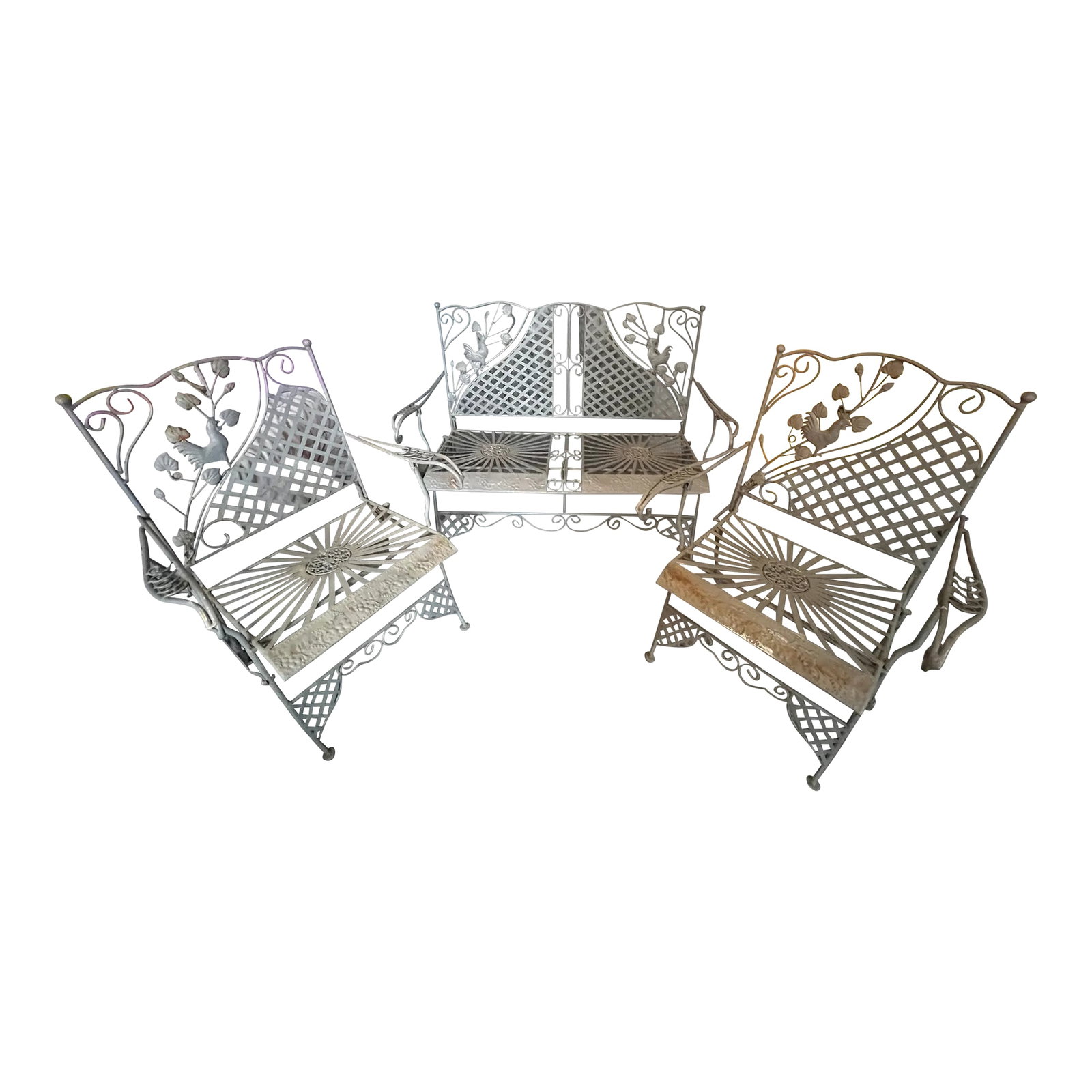 1990s Wrought Iron Rooster Motif Settee, Chairs and Screen, 4 Pieces: Unique indoor/outdoor Rooster motif rustic farmhouse set includes a three panel folding screen, two folding chairs and one folding settee. The two folding chairs are 26" wide x 19" depth x 37" high