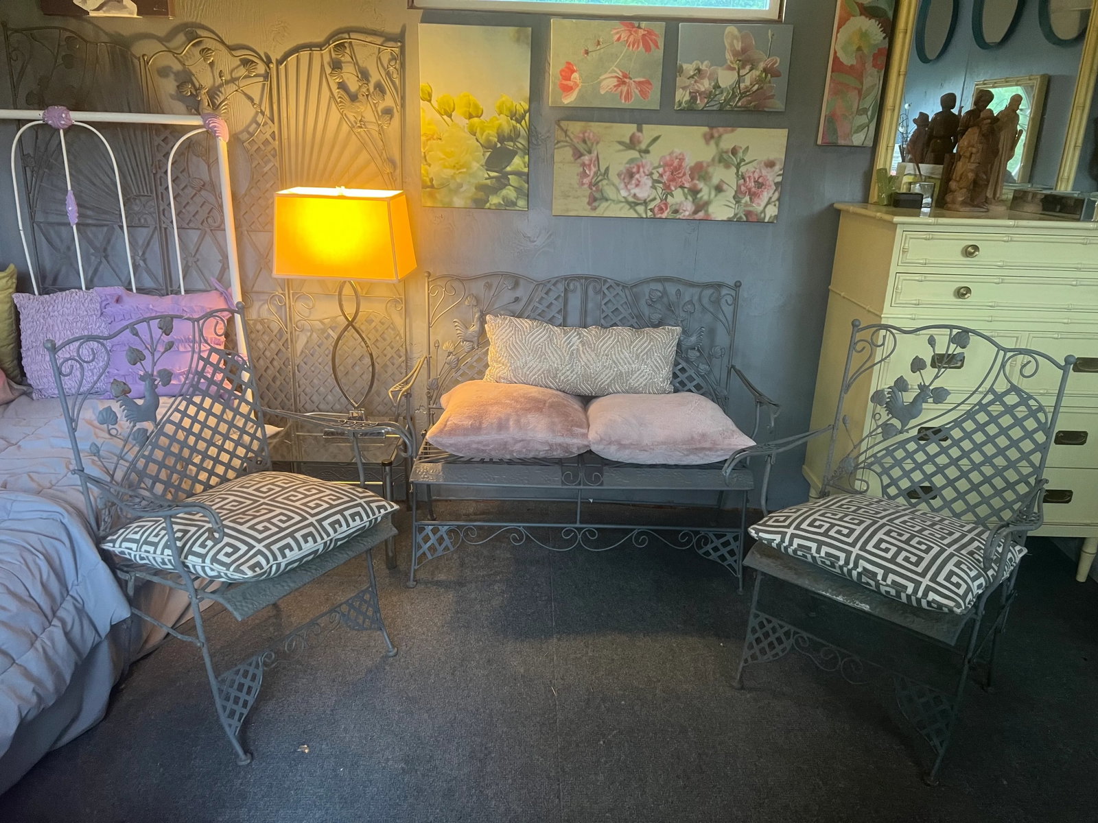 1990s Wrought Iron Rooster Motif Settee, Chairs and Screen, 4 Pieces - 2