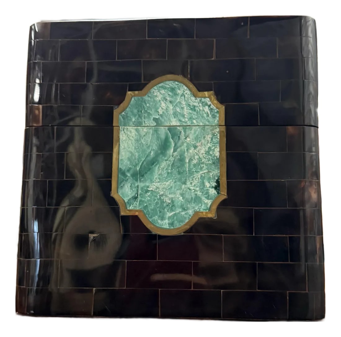Vintage Maitland - Smith Attributed Tessellated Horn and Stone Box With Brass Trim: A flat-lidded brown polished horn box attributed to Maitland Smith, with two beautifully inlaid and brass trimmed polished greenstone ( I believe to be amazonite tiles surrounded by a gilt brass