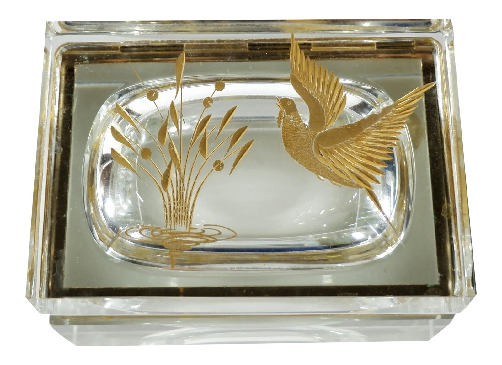 Vintage Etched Gold Glass Murano Box Bird & Plant: A vintage glass Murano box with hinge. Top of the box is etched with gilt gold showing a bird and plant in water. Measures 5 1/4" long, 3 3/4" deep and 3 1/4" high. Hinges are 24KT gold plated brass.