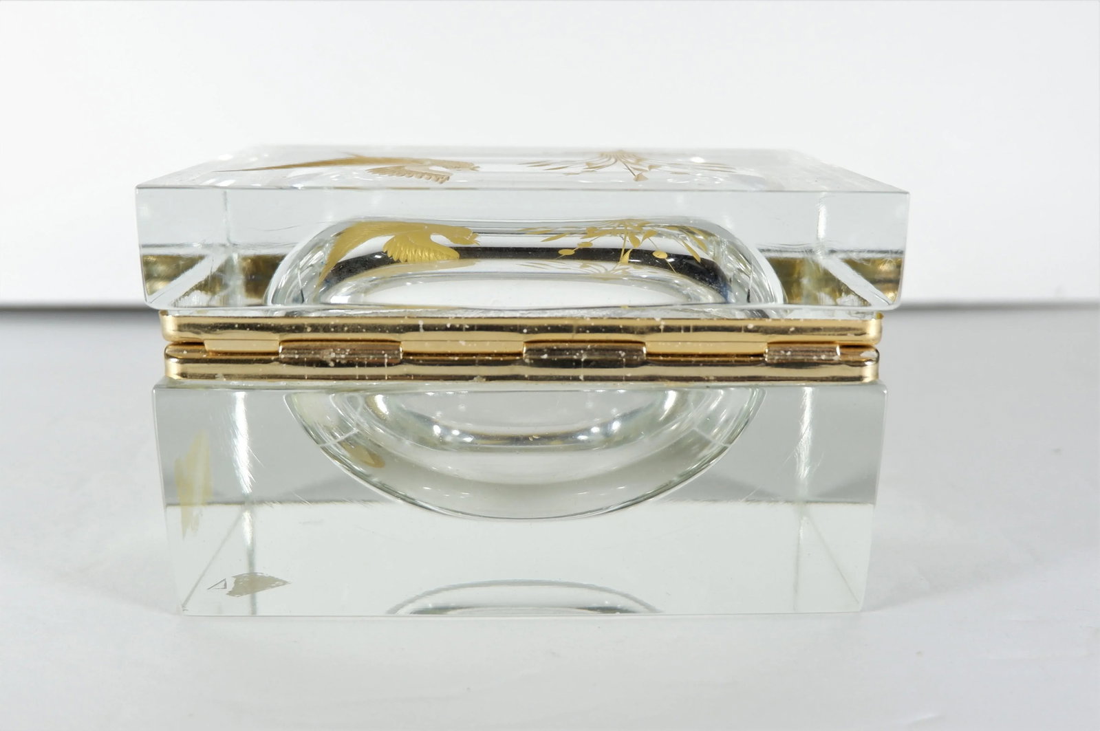 Vintage Etched Gold Glass Murano Box Bird & Plant - 3