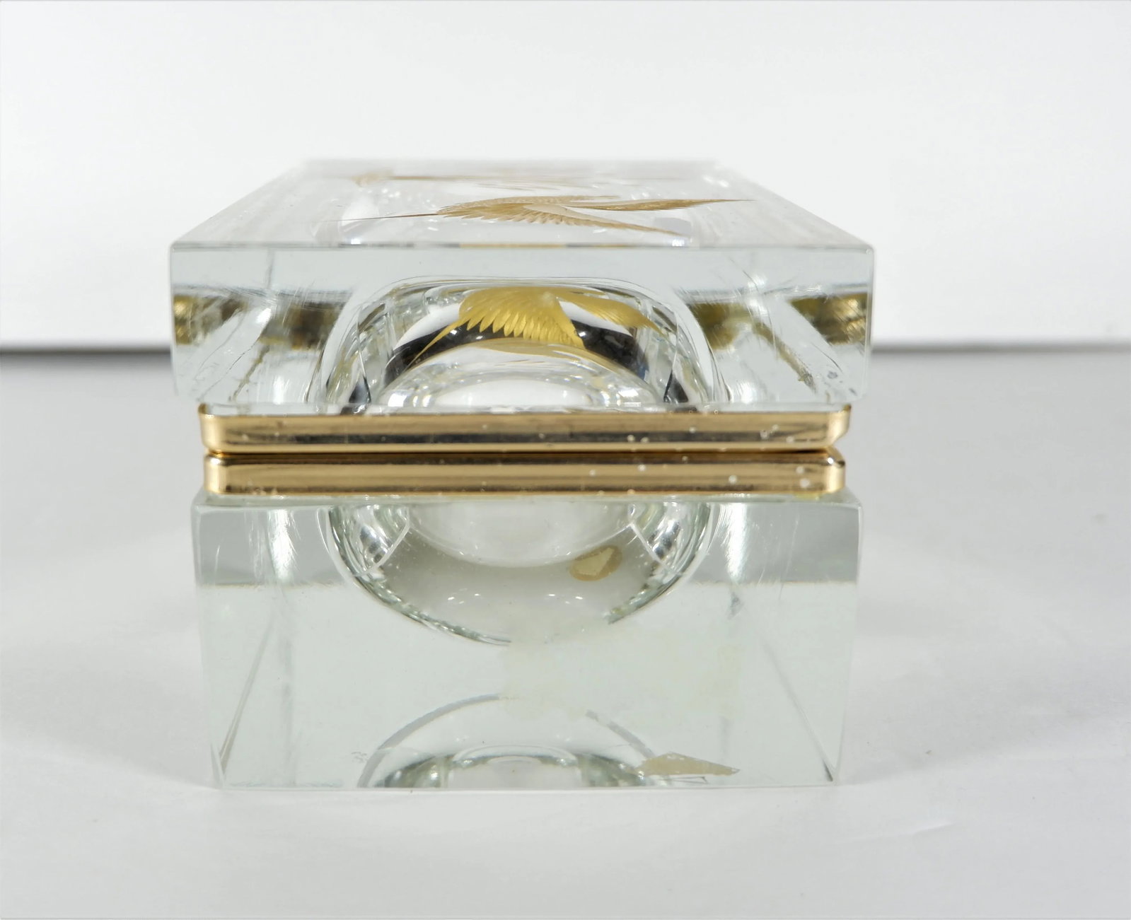 Vintage Etched Gold Glass Murano Box Bird & Plant - 4