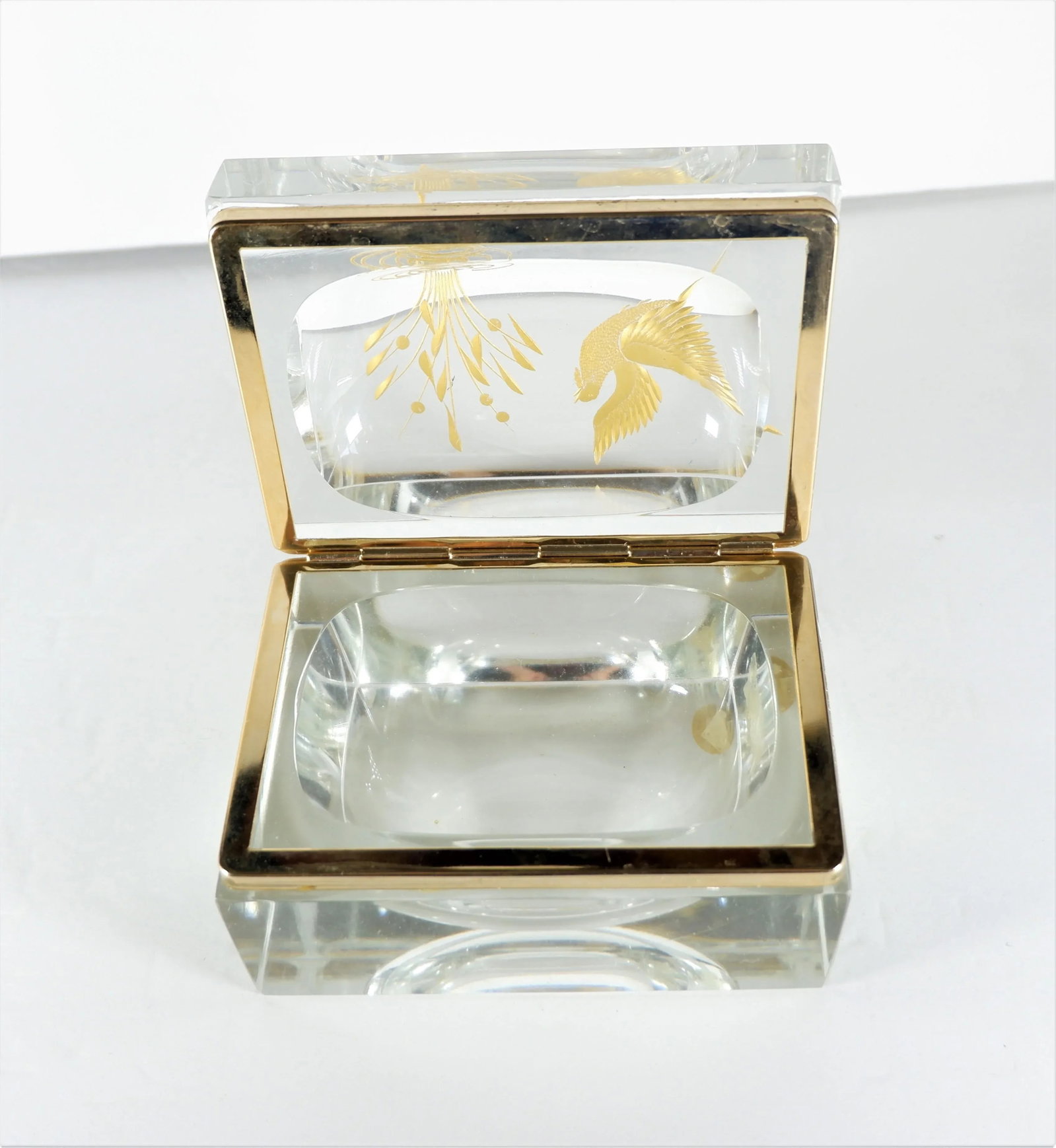 Vintage Etched Gold Glass Murano Box Bird & Plant - 6