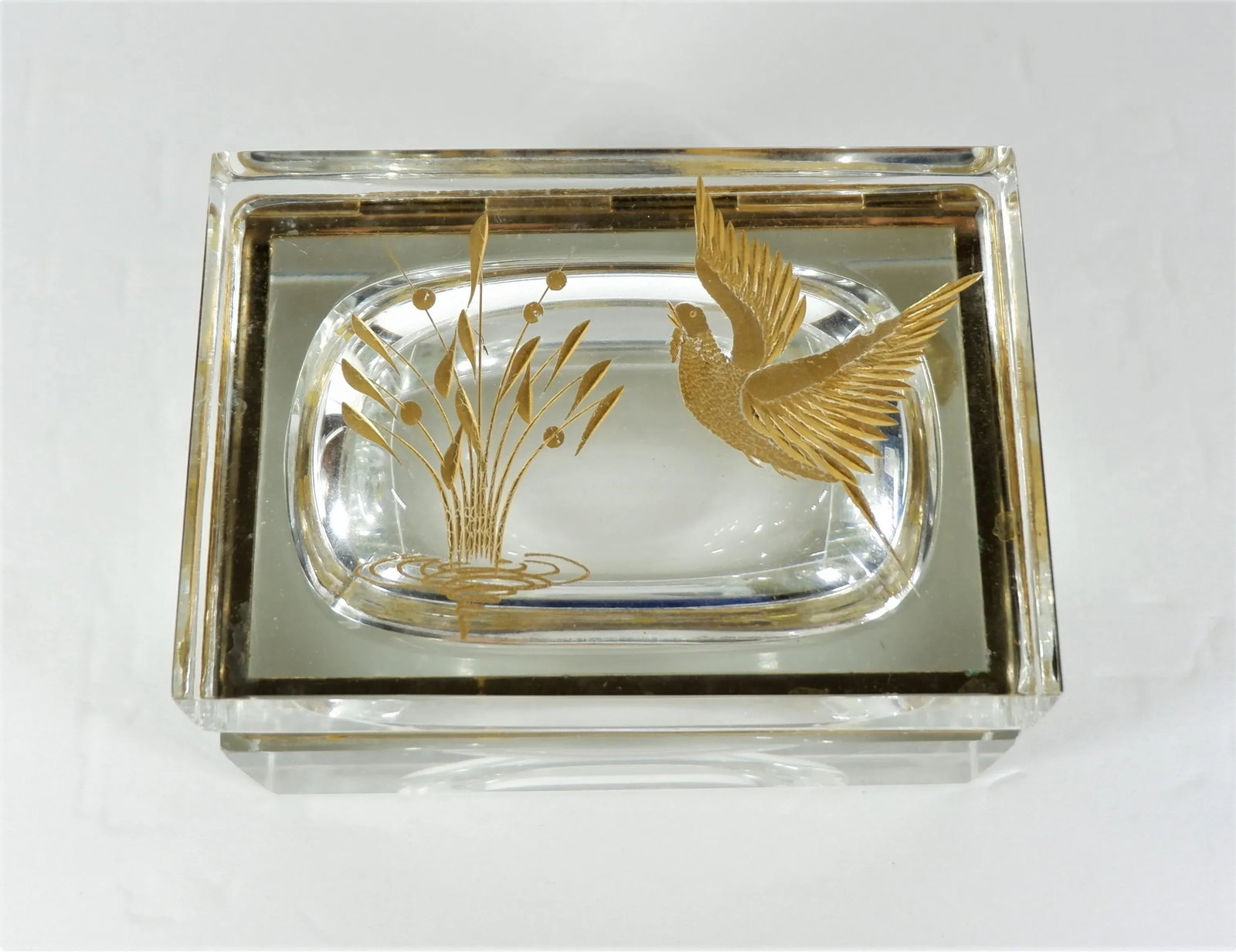 Vintage Etched Gold Glass Murano Box Bird & Plant - 9