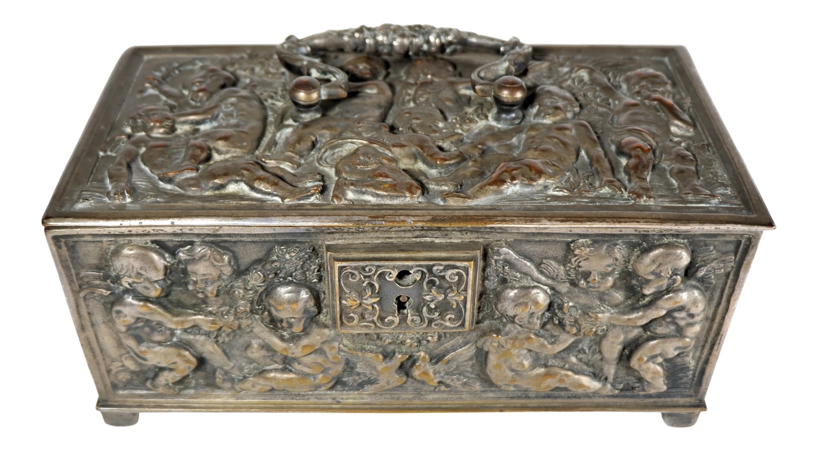 Antique 1800's Bronze Christian Casket Repose Cherubs: An antique 1800's bronze Christian casket. Casket boxes were used for storing important relic items. Box depicts cherubs in movement. Deep casting. Measures 8" long, 4 1/2" wide and 3 1/2" high.