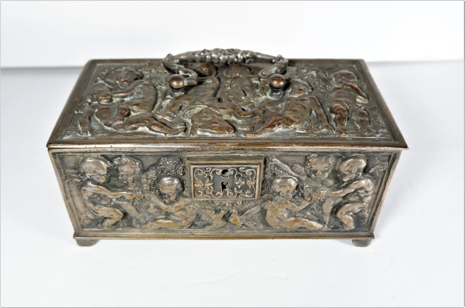 Antique 1800's Bronze Christian Casket Repose Cherubs - 9