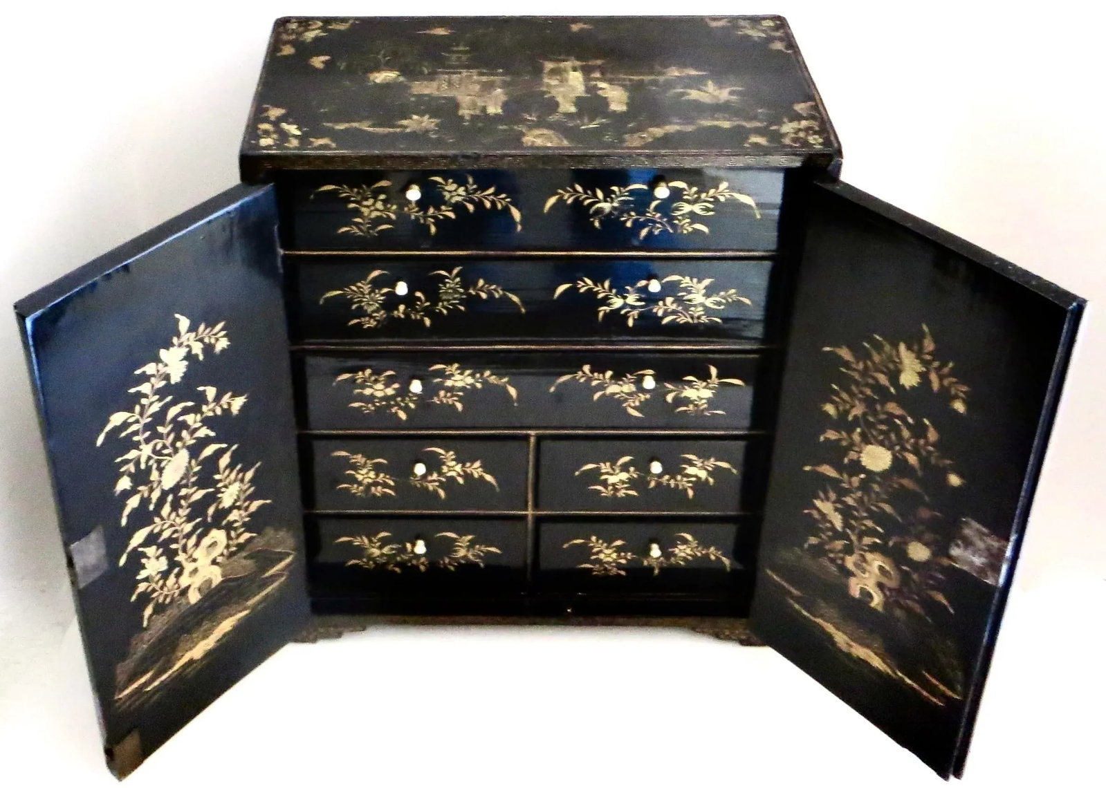 19th Century Chinese Export Table Top Black Lacquer Jewelry/Valuables Cabinet - 2