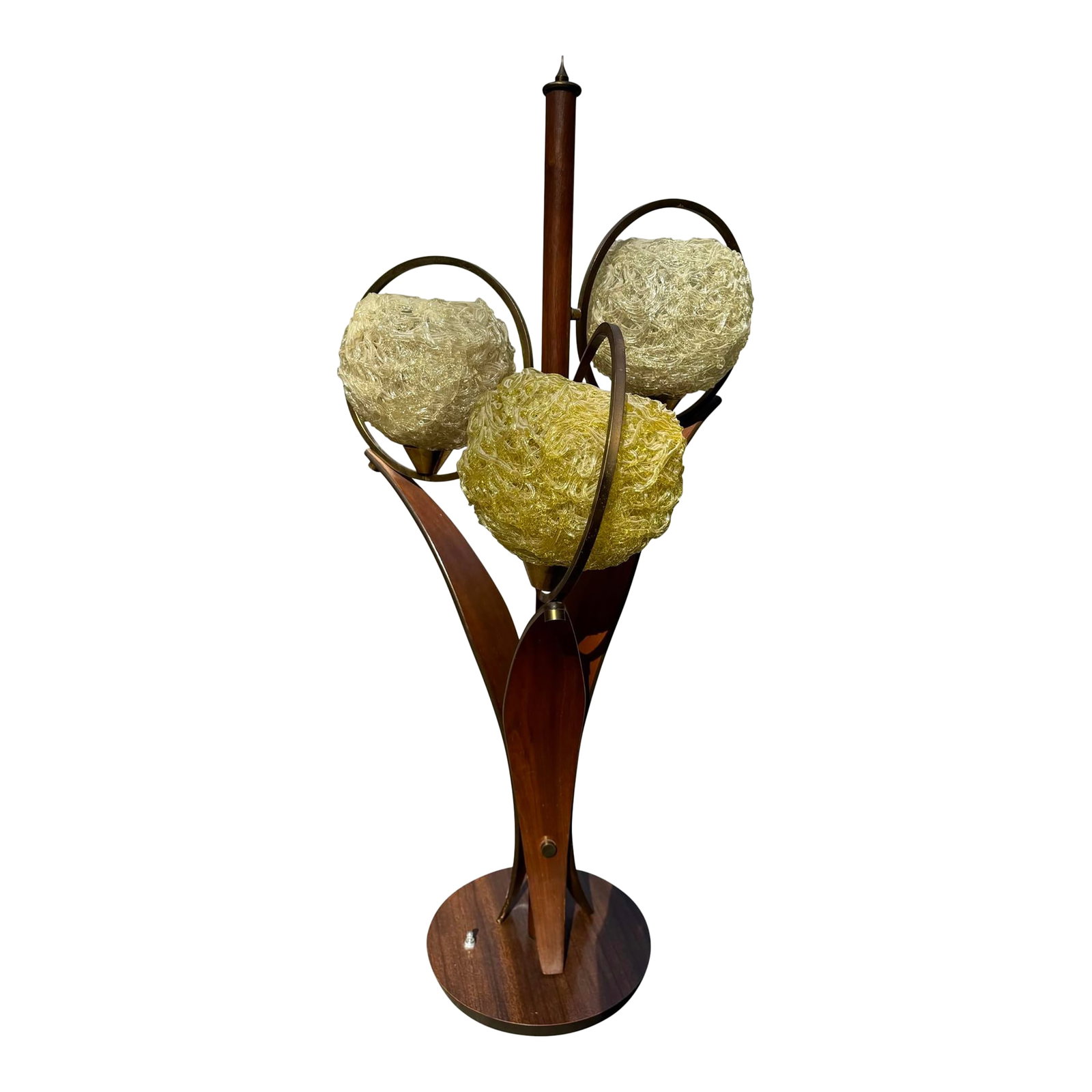 Mid-Century Spaghetti-Lucite Bent-Plywood Table Lamp: Embrace the charm of the mid-century modern era with this striking 3-light table lamp. The Spaghetti Lucite Ribbon Shade design with stylized organic petal baseadds a touch of retro elegance to any
