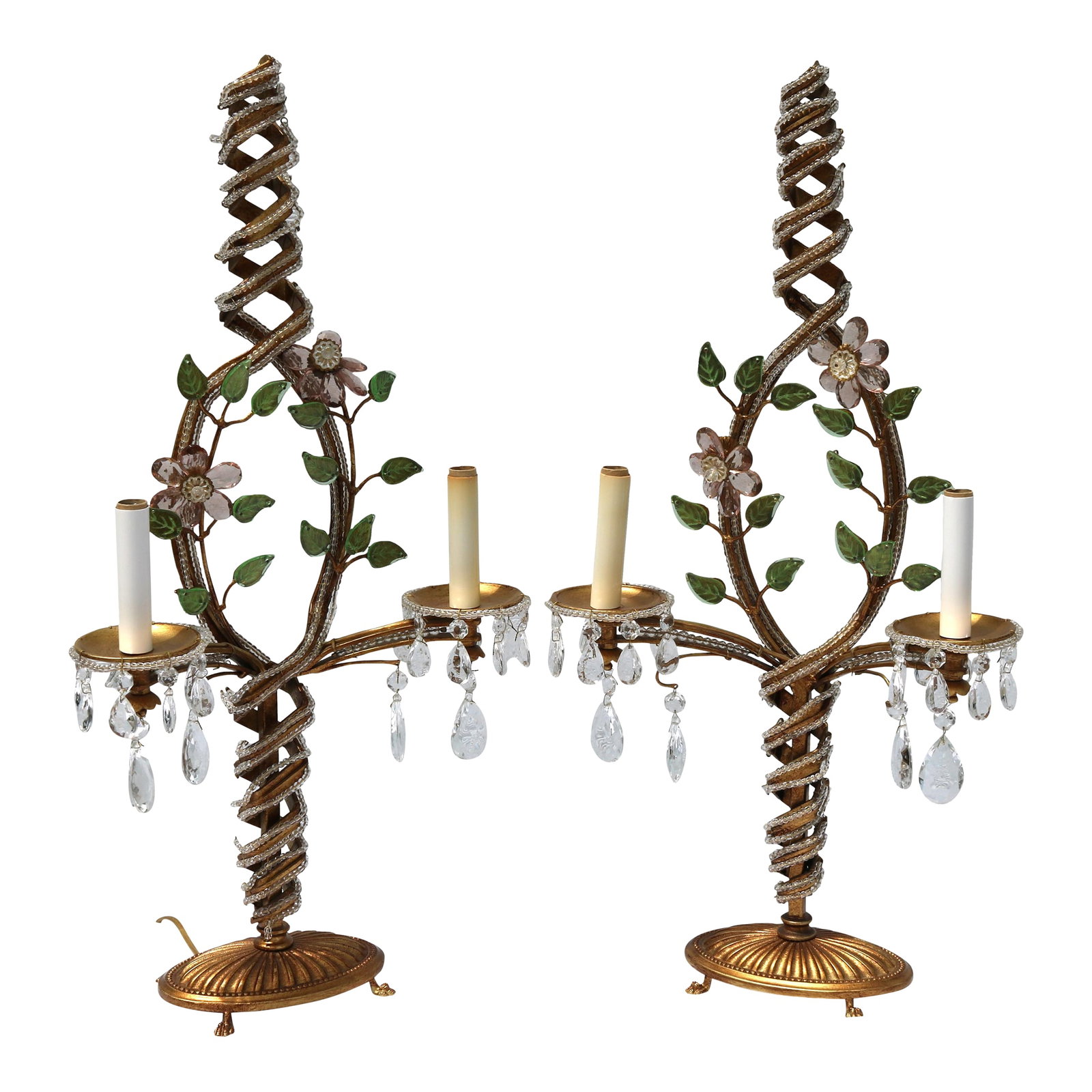 1940s Floral French Hollywood Regency Swirl Gilt Bronze, Beaded, Crystal Two Light Table Lamps- Attr: Impressive pair of lamps attributed to Maison Bagues. Fine detail throughout from the bronze cast base to the swirls of glass beads wired from the bottom of the piece to its peak. Glass flowers and
