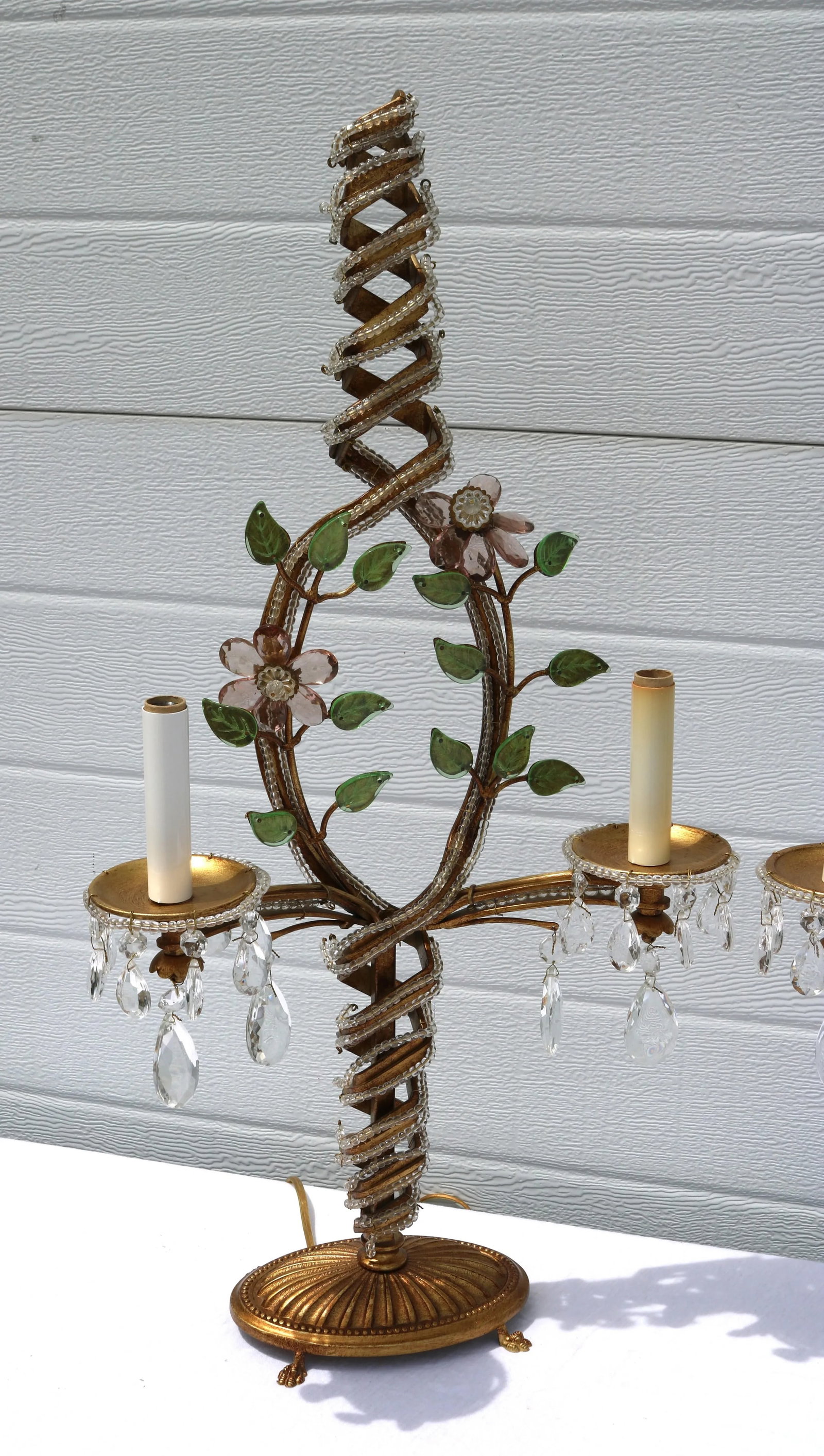 1940s Floral French Hollywood Regency Swirl Gilt Bronze, Beaded, Crystal Two Light Table Lamps- Attr - 2