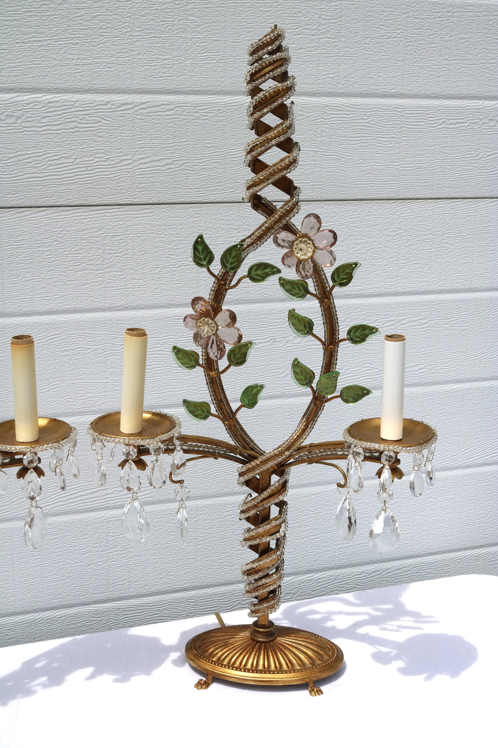 1940s Floral French Hollywood Regency Swirl Gilt Bronze, Beaded, Crystal Two Light Table Lamps- Attr - 3