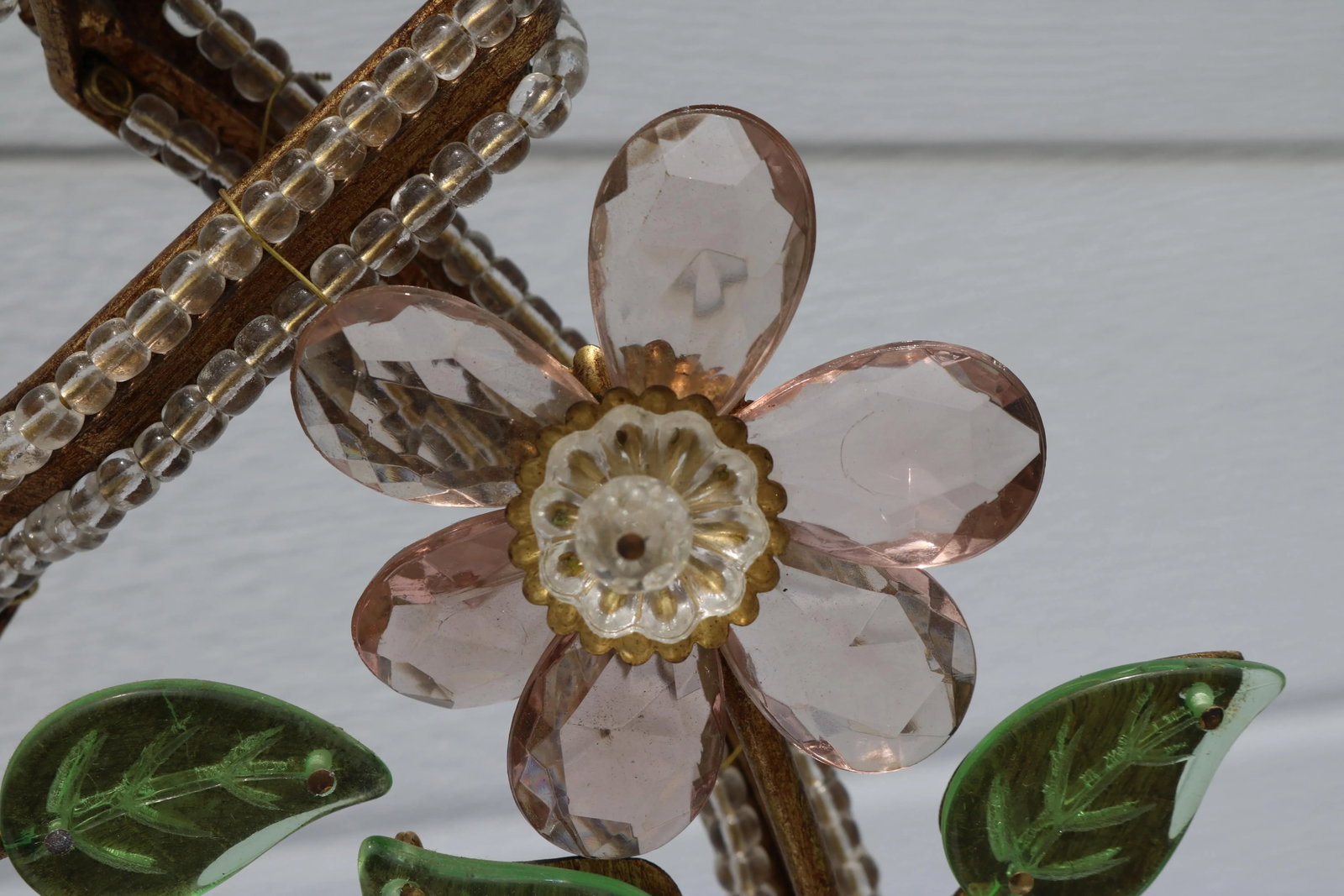 1940s Floral French Hollywood Regency Swirl Gilt Bronze, Beaded, Crystal Two Light Table Lamps- Attr - 6