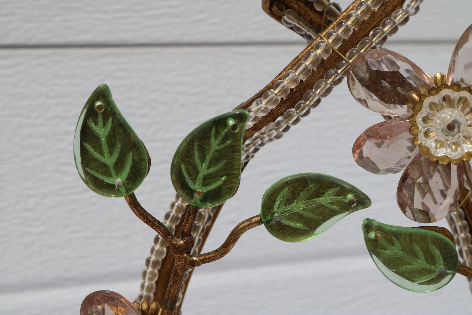 1940s Floral French Hollywood Regency Swirl Gilt Bronze, Beaded, Crystal Two Light Table Lamps- Attr - 7