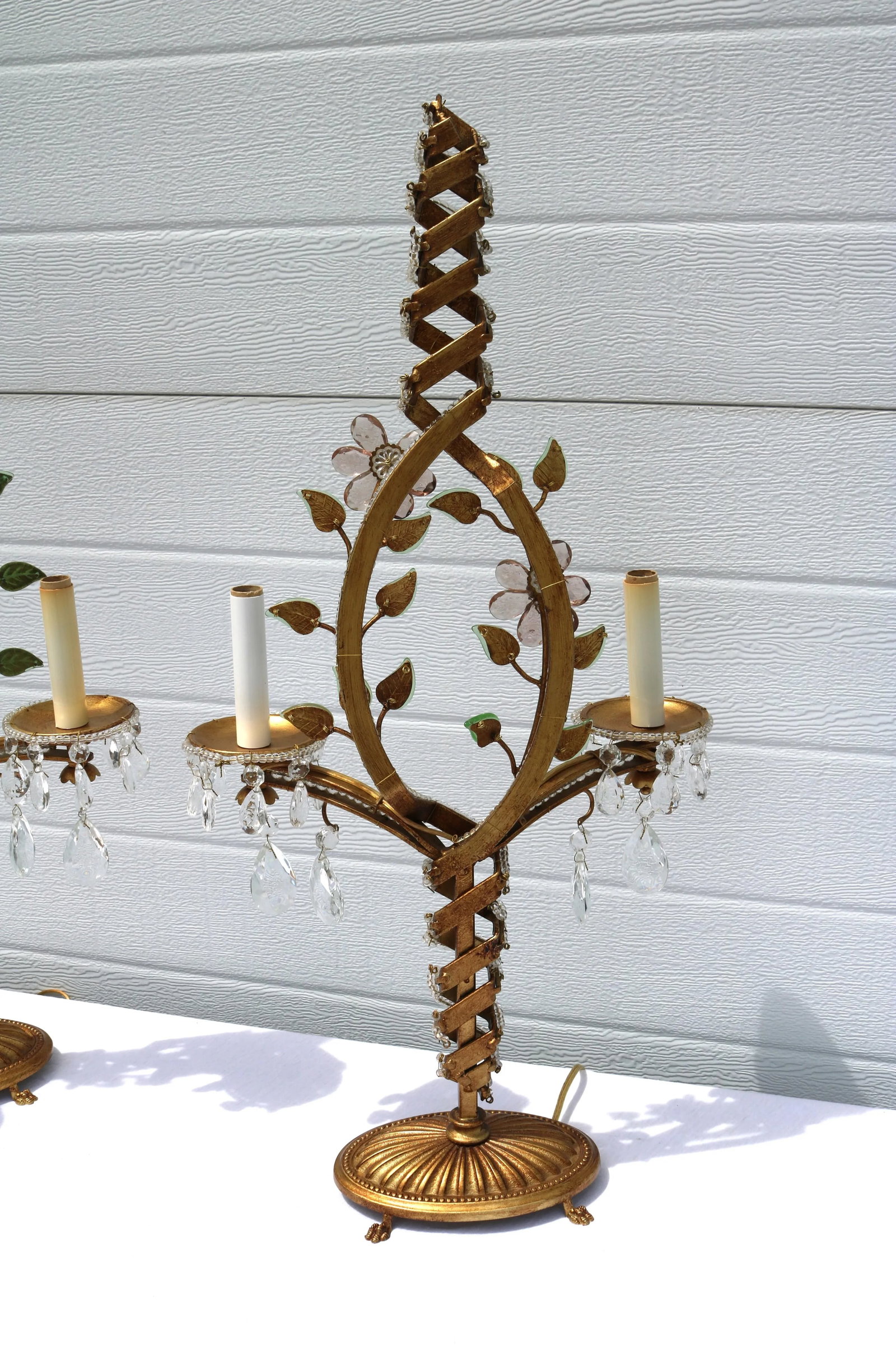 1940s Floral French Hollywood Regency Swirl Gilt Bronze, Beaded, Crystal Two Light Table Lamps- Attr - 8