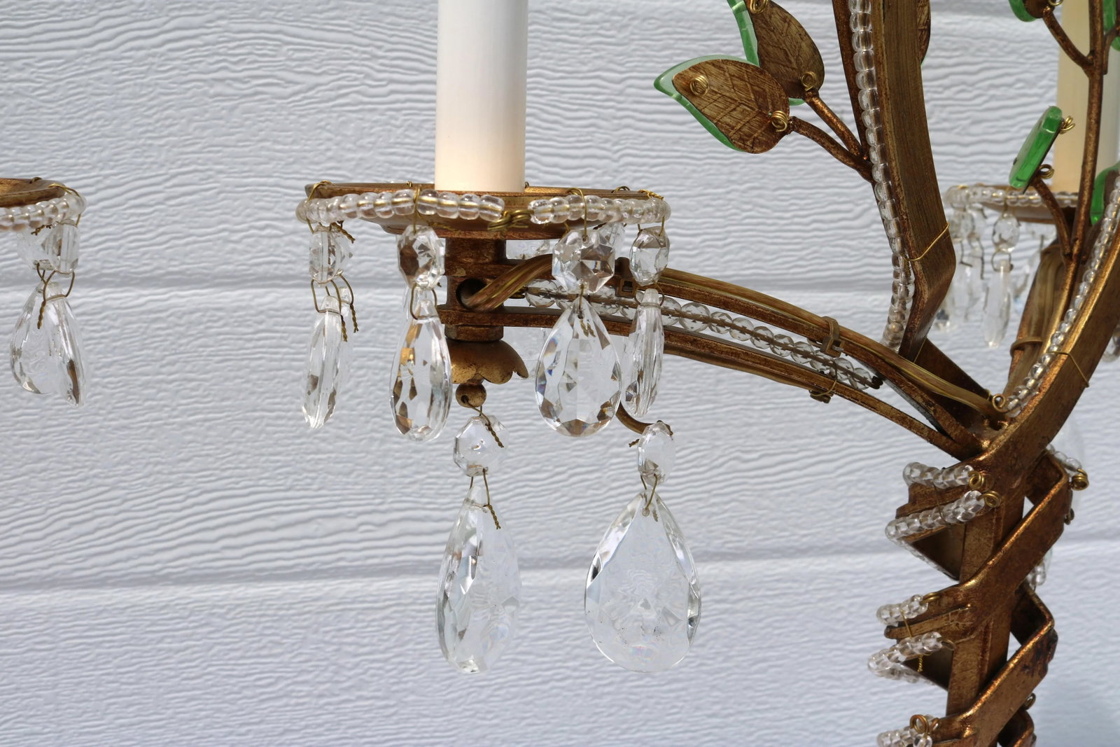 1940s Floral French Hollywood Regency Swirl Gilt Bronze, Beaded, Crystal Two Light Table Lamps- Attr - 9