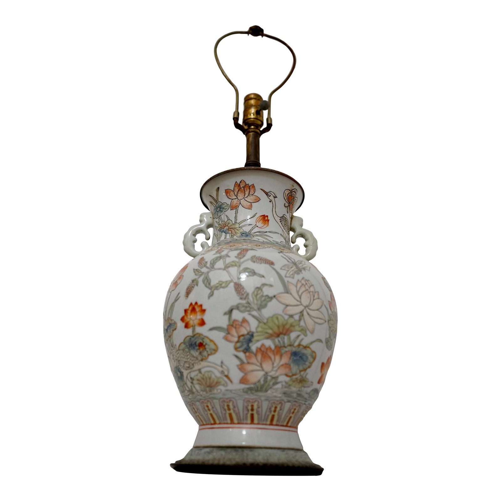 19th Century Famille Verte Vase Lamp Conversion on White Ground Large, Unusual: The color palette, the size and the fine artwork on the surface of this late 19th century lamp make it stunning. This lamp has everything. Of circular section and baluster form with flaring rim, tall