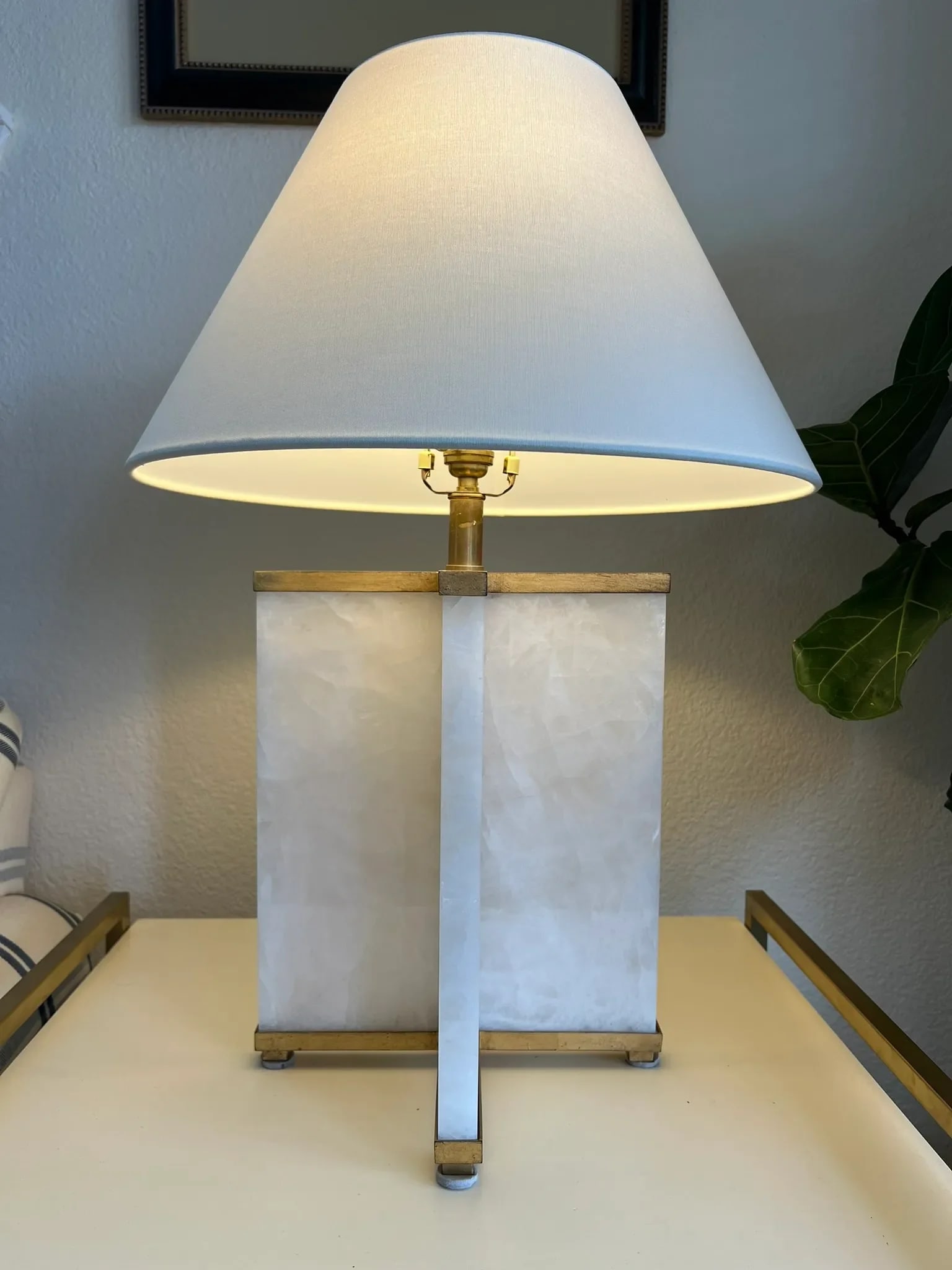 Visual Comfort Cameron Table Lamp Natural Quartz, Gilded Iron, White Linen Shade - 13