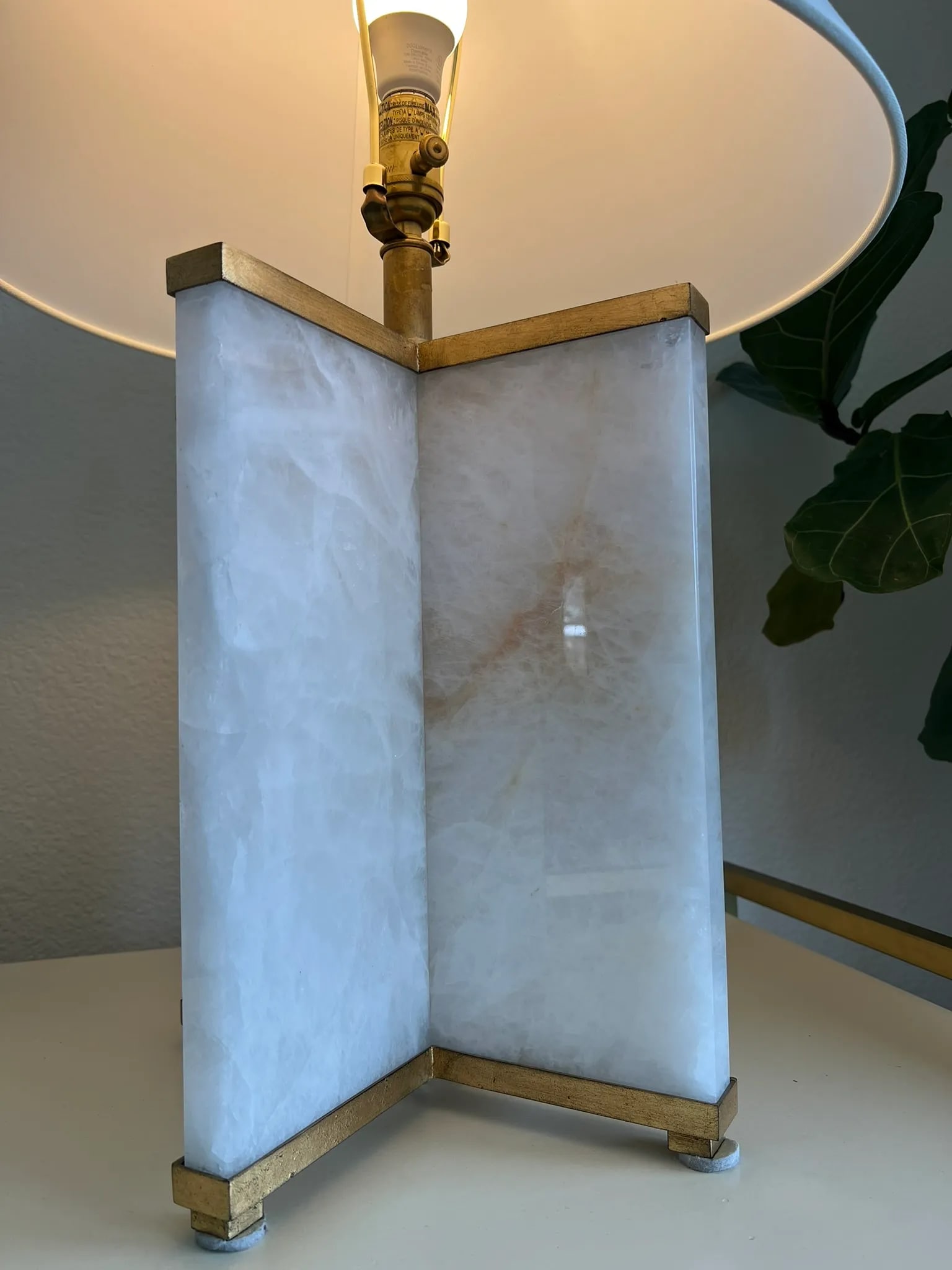 Visual Comfort Cameron Table Lamp Natural Quartz, Gilded Iron, White Linen Shade - 15