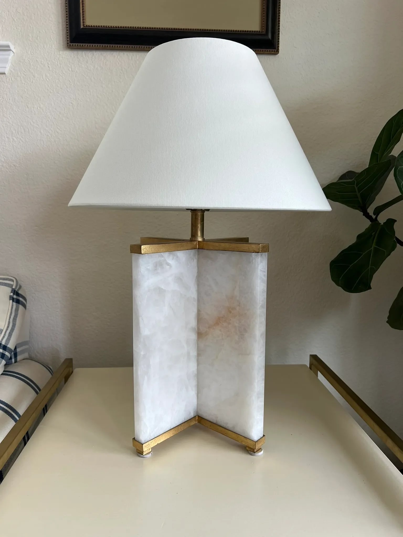 Visual Comfort Cameron Table Lamp Natural Quartz, Gilded Iron, White Linen Shade - 2
