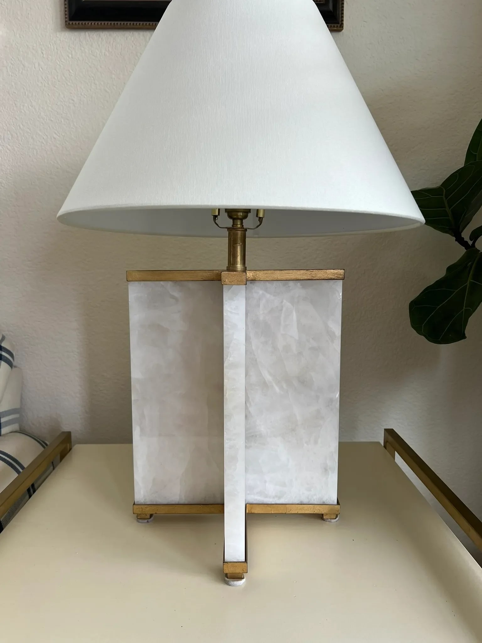 Visual Comfort Cameron Table Lamp Natural Quartz, Gilded Iron, White Linen Shade - 3
