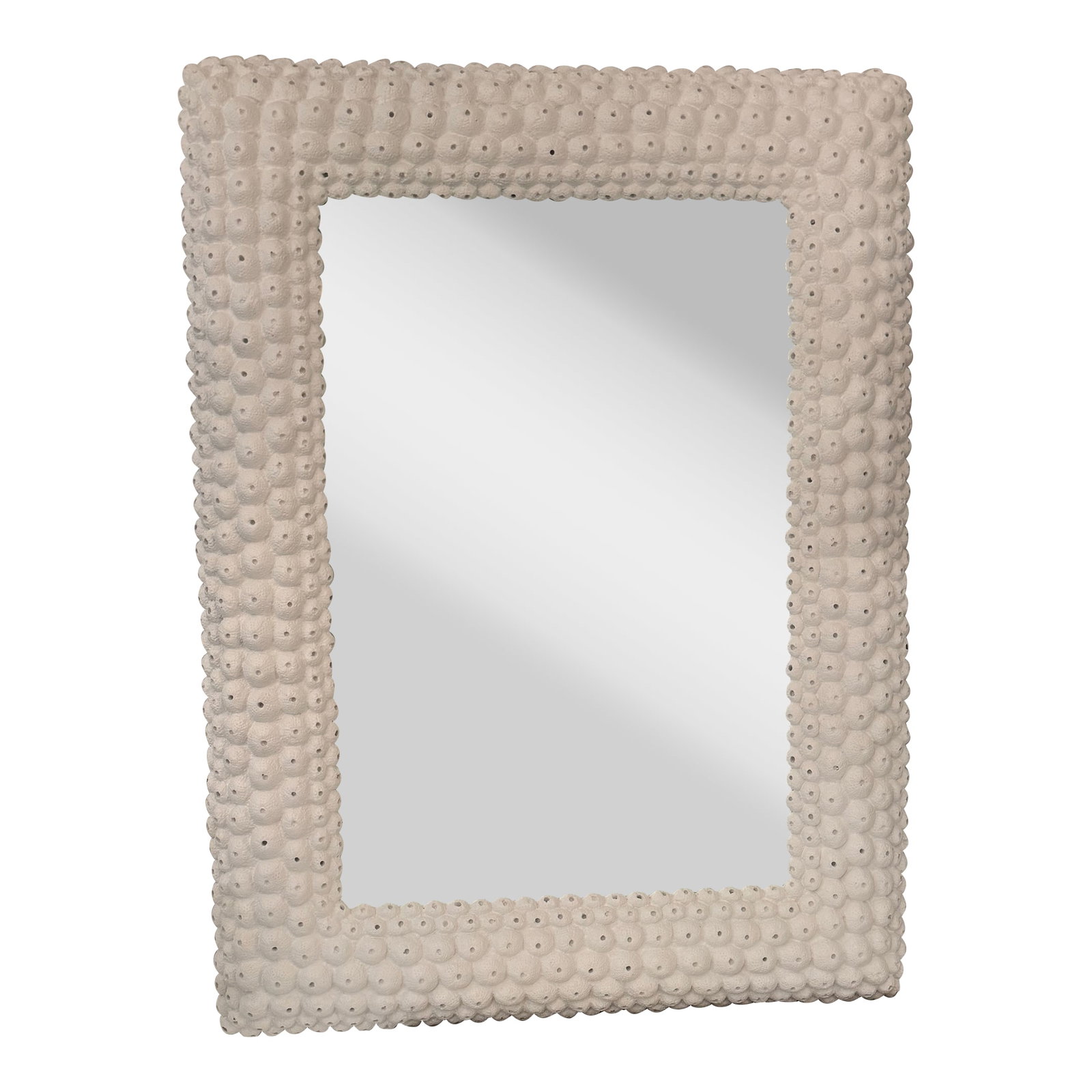 Made Goods Helene Rectangular Mirror: A concentric pattern of artfully cast resin sea urchin shells give the Helene an earthy, graphic vibe. Its coral white brightens up any room. Tthis mirror has a rounded raised frame with an