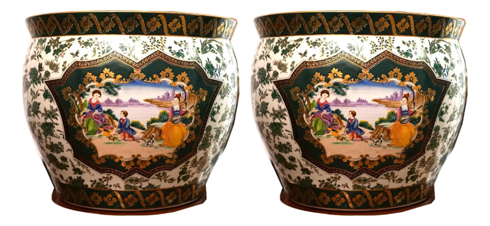 Chinese Canton Vintage Enamel Gilt Dark-Green-Ground Jardinieres - set of 2: The gilt design and gold trim details as well as the deep green ground make this set of Canton Chinese jardinieres unique. This lovely pair of estate sale jardinieres has scenes on both sides of the