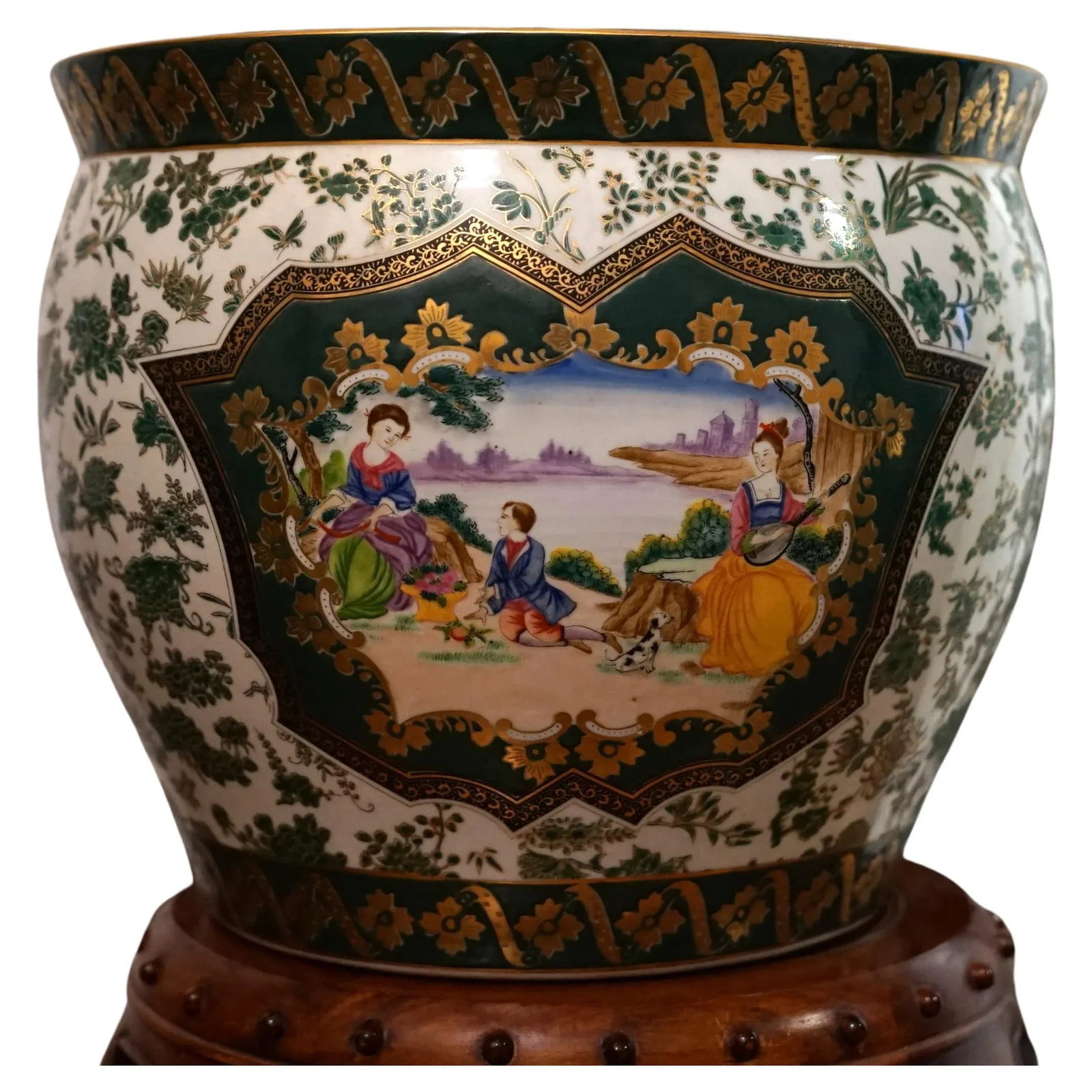 Chinese Canton Vintage Enamel Gilt Dark-Green-Ground Jardinieres - set of 2 - 3