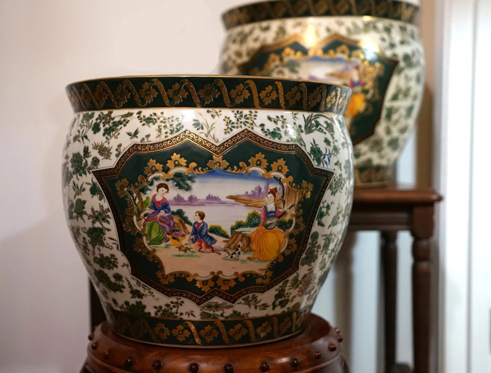 Chinese Canton Vintage Enamel Gilt Dark-Green-Ground Jardinieres - set of 2 - 6