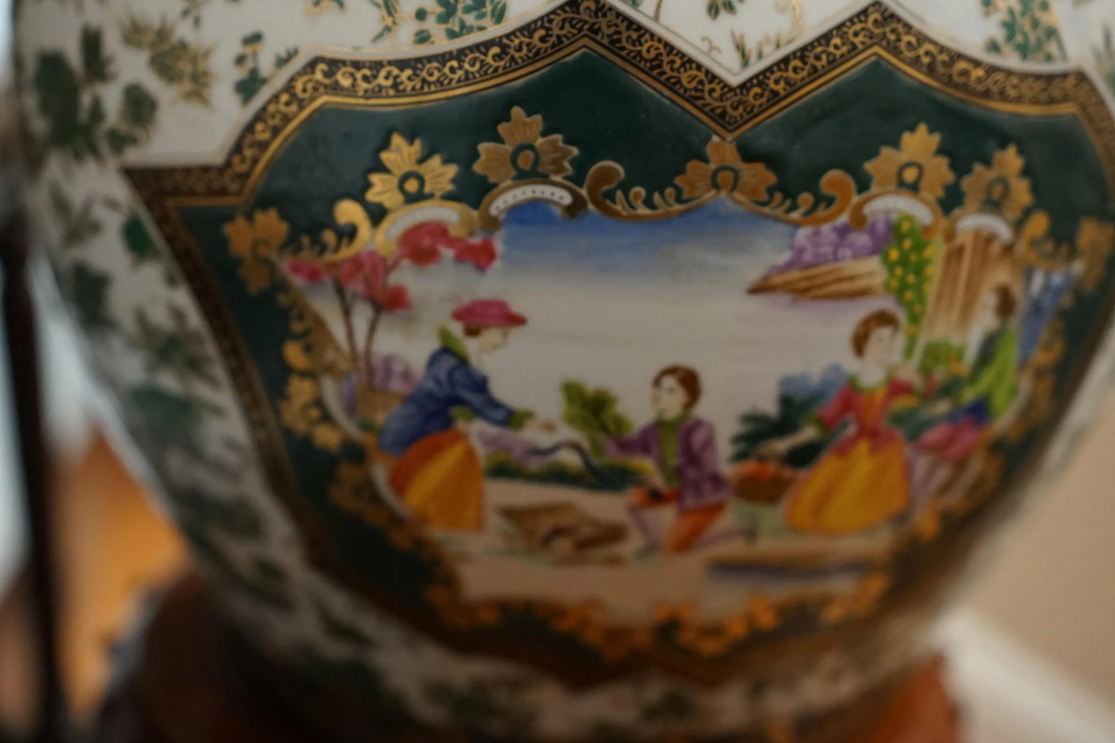 Chinese Canton Vintage Enamel Gilt Dark-Green-Ground Jardinieres - set of 2 - 7
