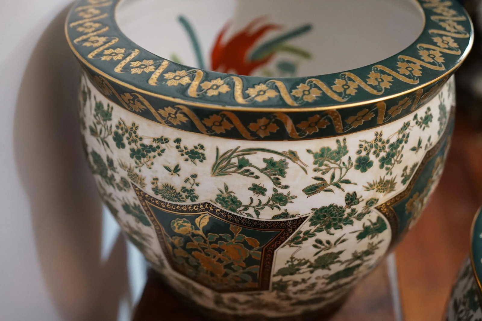 Chinese Canton Vintage Enamel Gilt Dark-Green-Ground Jardinieres - set of 2 - 8