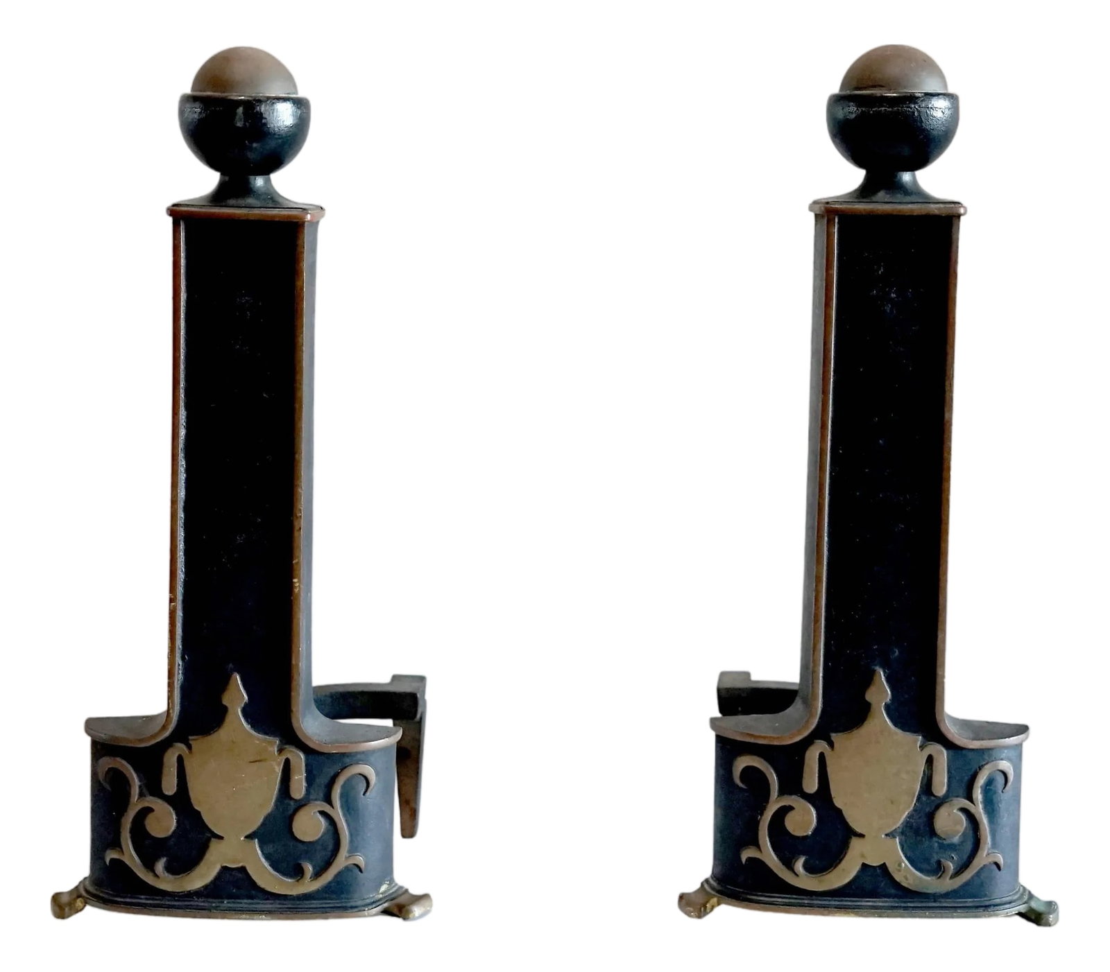 1930s Pair of Neo Classical Style Iron, Ebonized Andirons with Urn Form Motif (1 of 4)