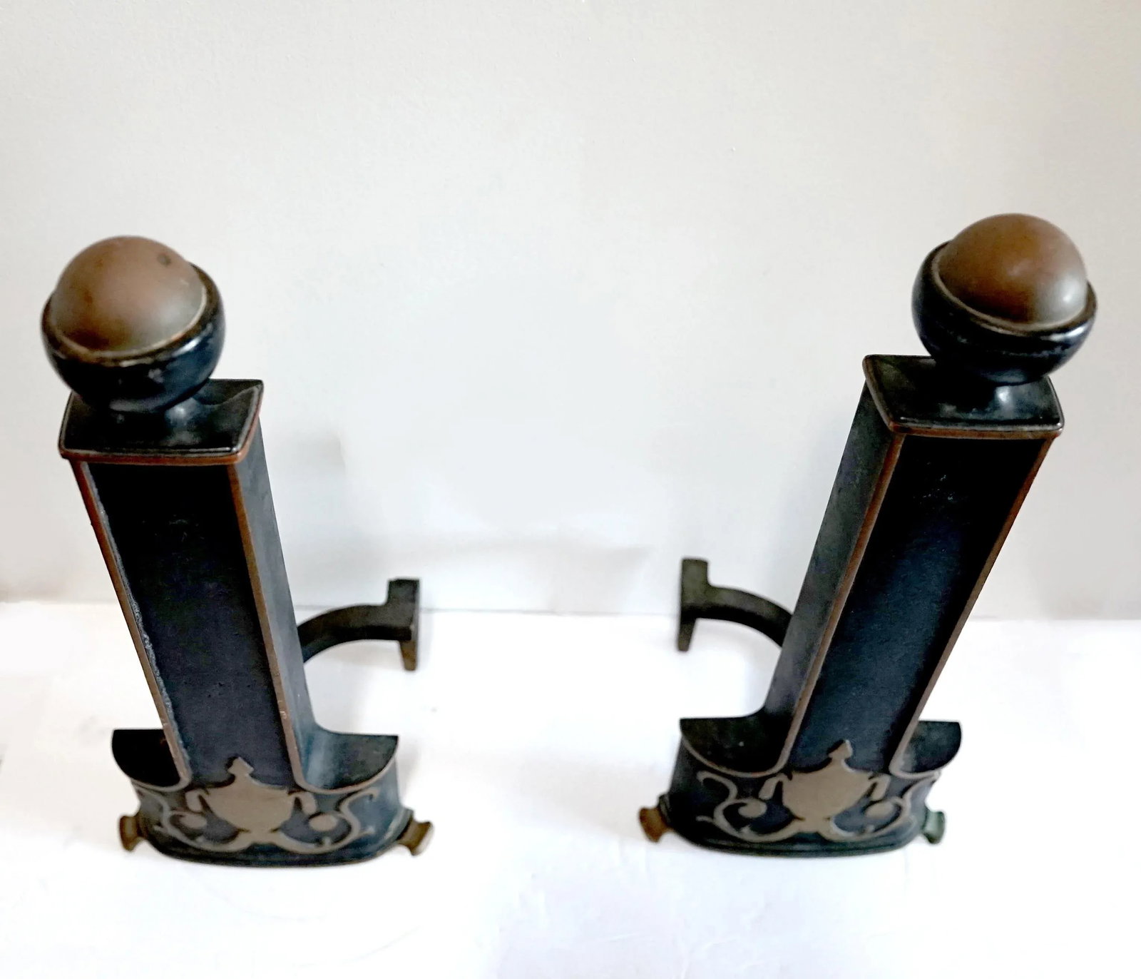 1930s Pair of Neo Classical Style Iron, Ebonized Andirons with Urn Form Motif - 2