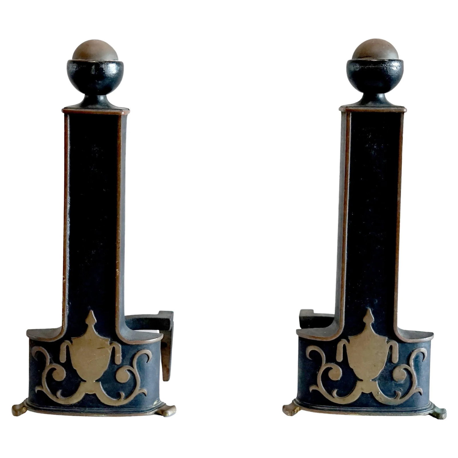 1930s Pair of Neo Classical Style Iron, Ebonized Andirons with Urn Form Motif - 3