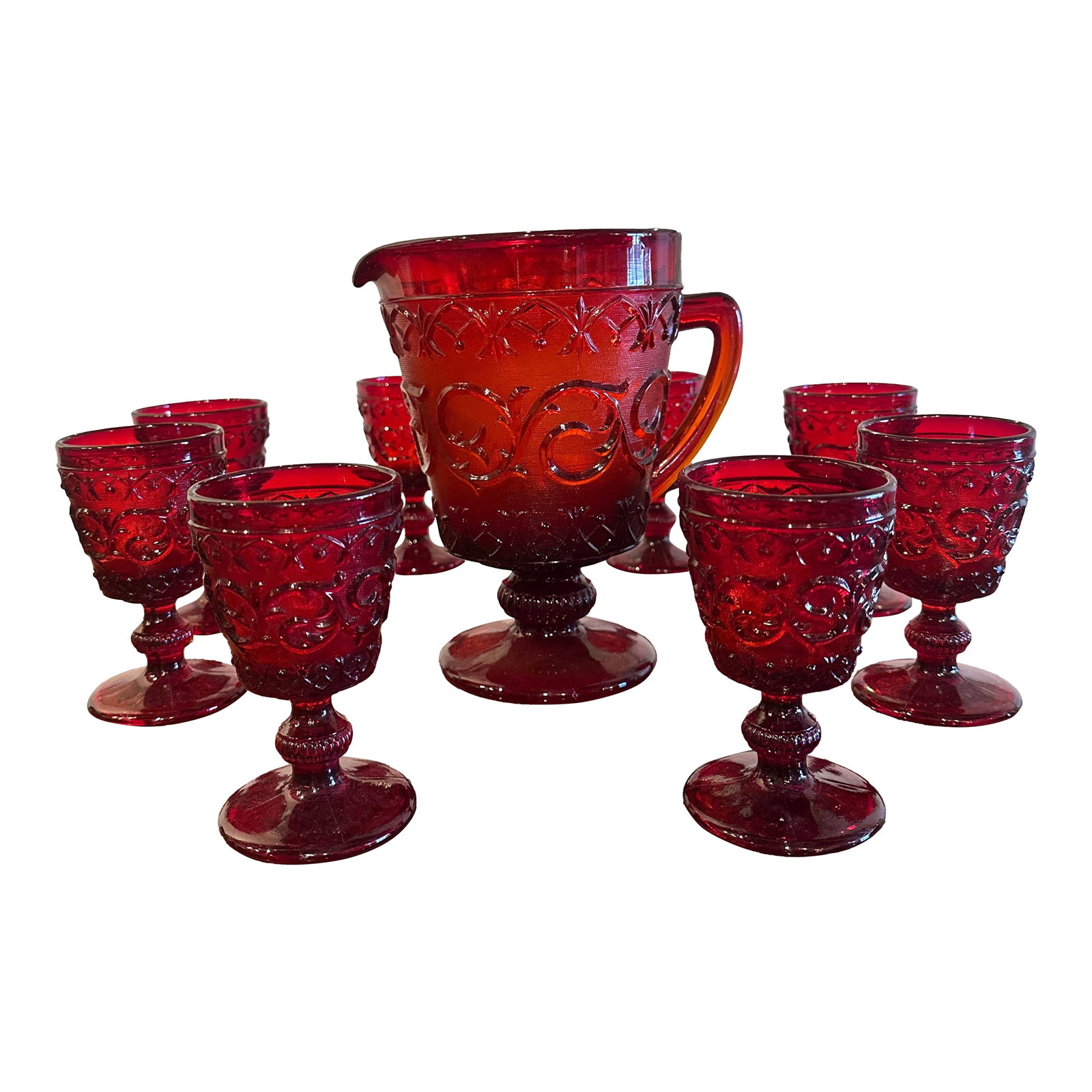 1950s Glass Ruby Water Set- 9 Pieces: Amazing glass set ina beautiful Red ruby color for 8 persons. Condition: Alterations: Original Condition Unaltered Imperfections: Some Imperfections Condition Notes: Perfect condition Origin: France